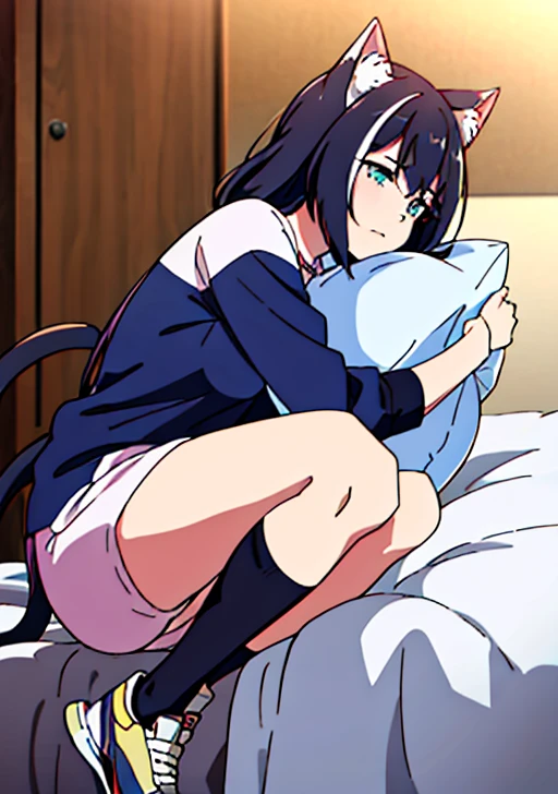 tennis girl's massive rear butt out of bottomless slutty mini sweater out bare and brown boots, showing her vagina, lying down on bed, wearing oven mittens under big pillow, blindfold