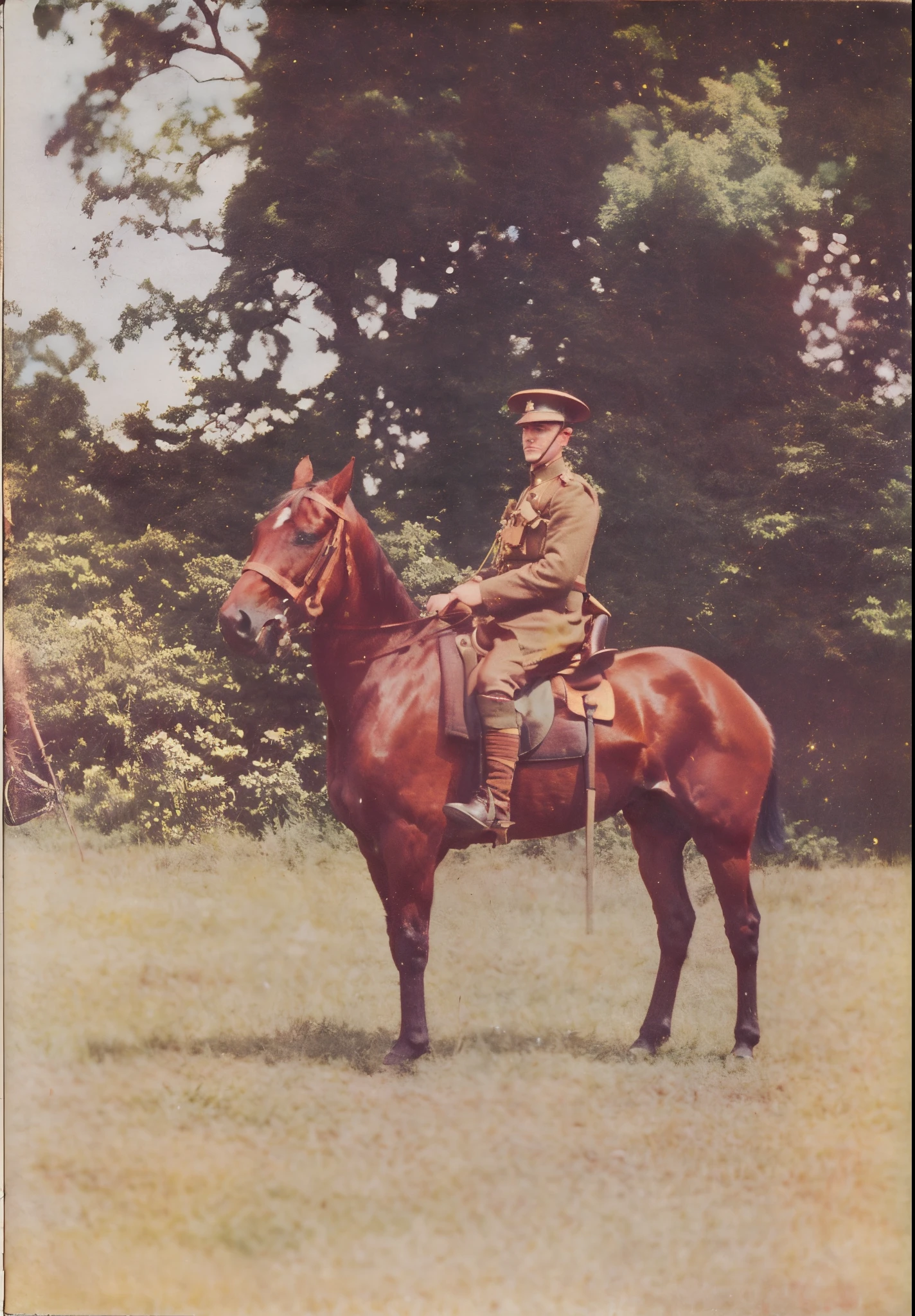 there is a man in uniform riding a horse in a field, 1910 polaroid photo, 1 9 1 0 polaroid photo, taken on a ww 1 camera, 1911, 1 9 1 4, 1914, 1913, ww1 photo, 1 9 1 3, 1 9 1 6, 1916
