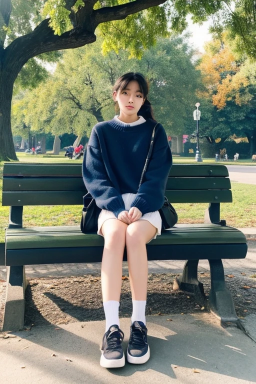femele、20yr old、a park、Sweaters、Benches