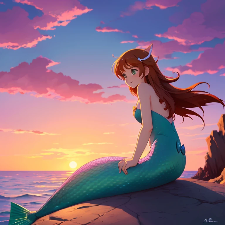 Cute mermaid girl. Back view of a 2D beautiful girl leaning on a rock and looking at the sunrise. Anime style.