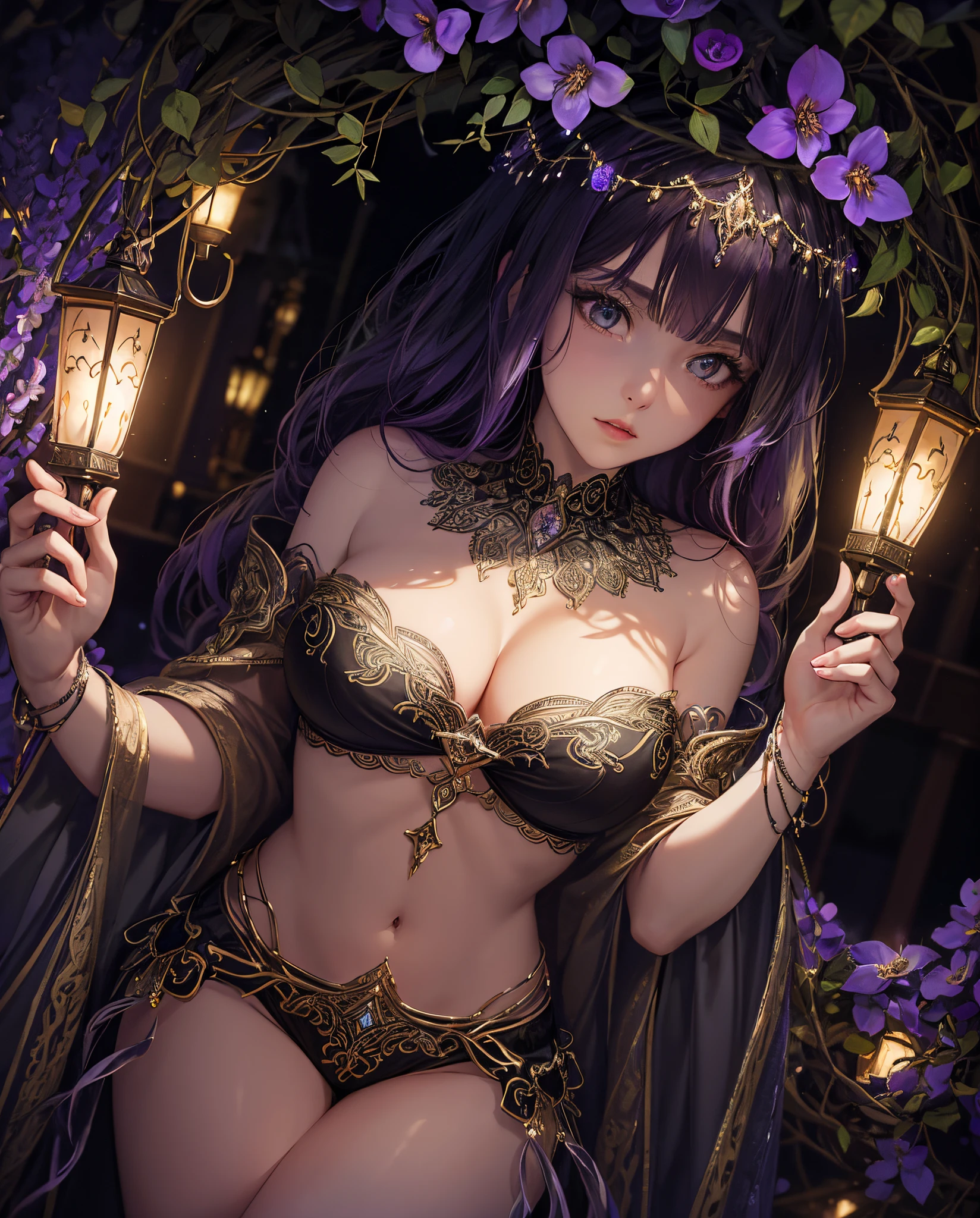 An intricate and stunning latern with glowing lights, delicately patterned metal, and vibrant colors on a dark background. Nighttime cityscape surroundings, gentle mist, and a hint of mystical ambiance.1girl,alraune, flower,large breasts, navel,black_hair,wisteria, parted lips,white bikini,