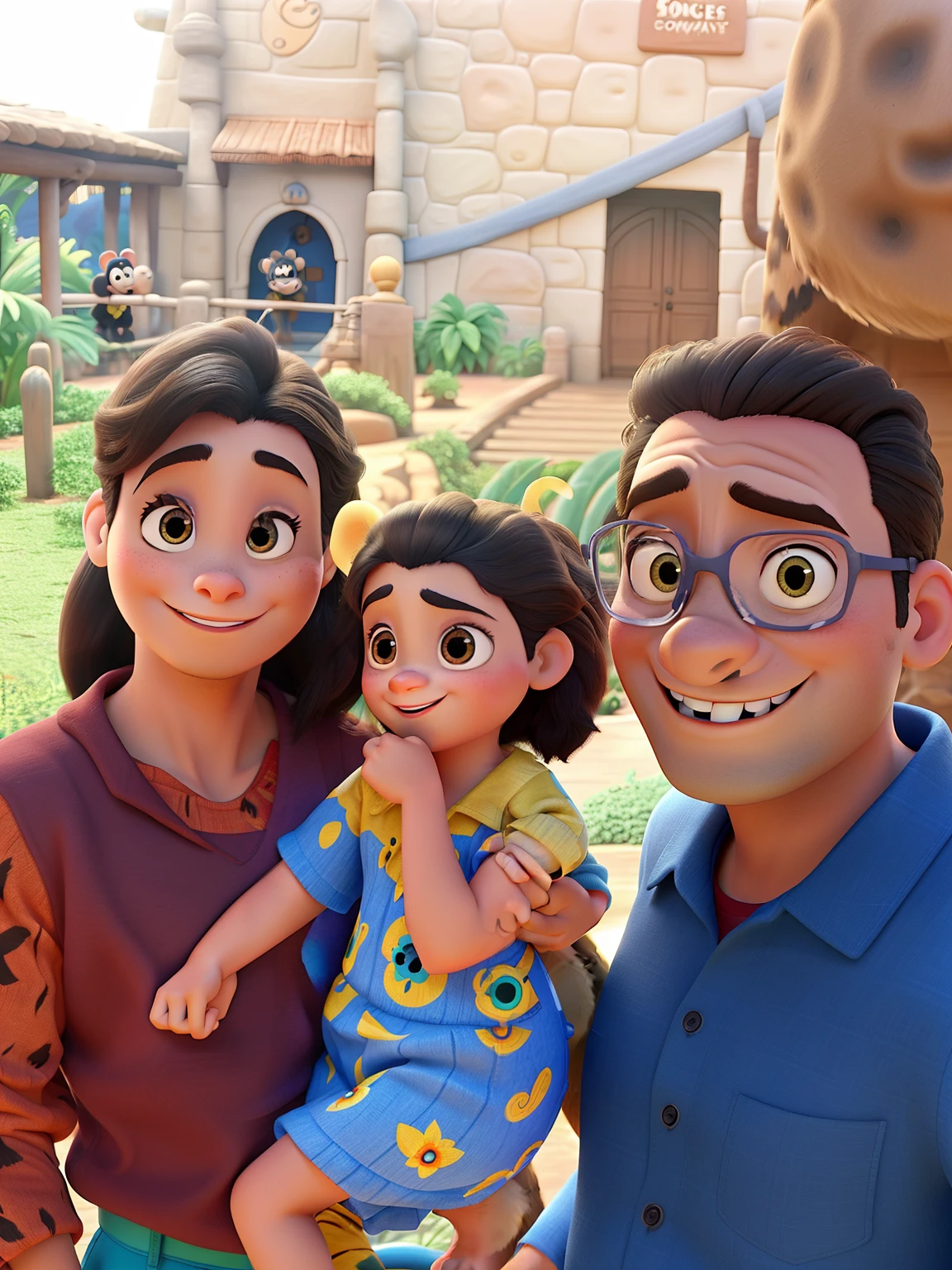 Uma familia ao estilo Disney Pixar no zoologico, com o fundo de um macaco aranha, alta qualidade