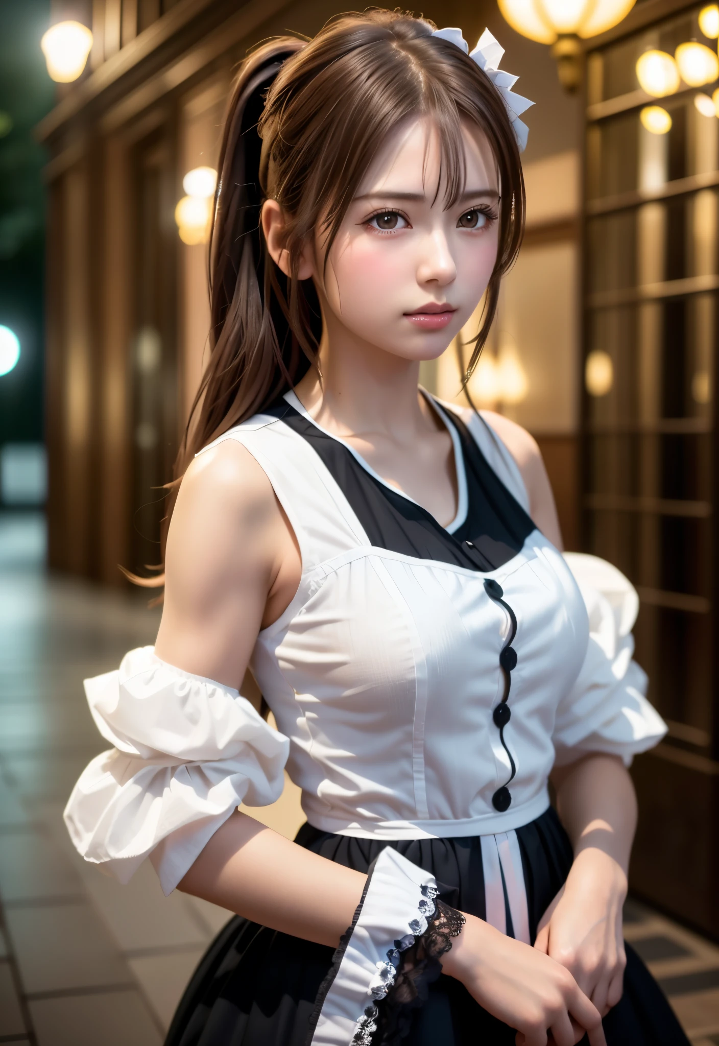 8K, of the highest quality, masutepiece:1.2), (Realistic, Photorealsitic:1.37), of the highest quality, masutepiece, Beautiful young woman, Pensive expression, Thoughtful look, Cute Maid Clothes, Hair tied back, Messy mood, Cinematic background, Tired, Light skin tone