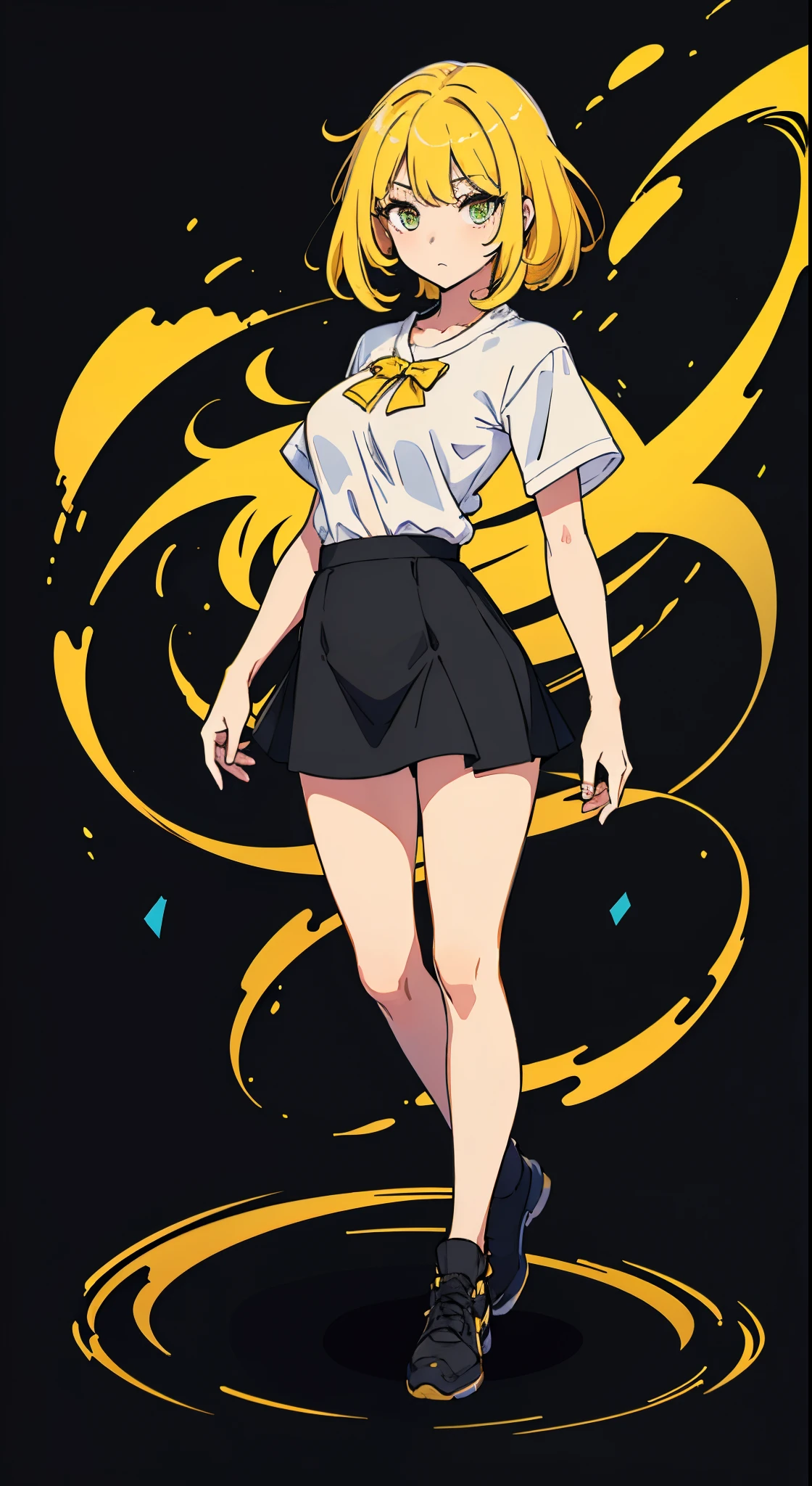 Perfect proportion,perfect body, masterpiece, high quality, high details, (yellow hair), (1woman), full body, ((medium hair)), idle pose,white shirt, black short skirt. Tall, all black background. Mid boobies.