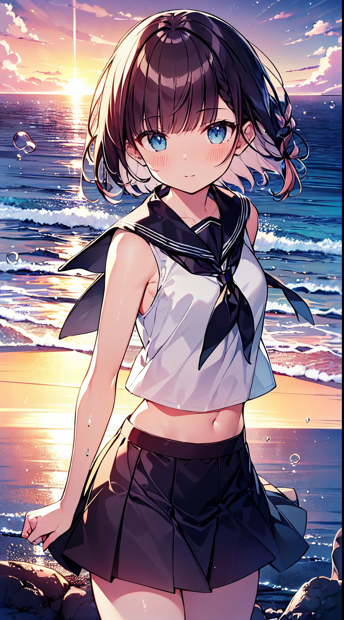 masutepiece, Best Quality,Illustration, Wallpaper, Ultra Detail, absurderes, 1girl in, Solo, (Medium short hair、short braided hair), Beautiful detailed eyes, beautiful detailed fingers,with blush cheeks,after rain , (ocean type:1.3), Sunset sky after rain、Hair that flutters in the wind,(a panoramic view:1.3),(Sense of depth:1.5),(longshot:1.3)、early evening、(Sunset sky),a sailor suit,arms visible、I can see your elbow、shoulders can be seen、I can see my stomach、Navel is visible、a short skirt,(thigh visible),The ribbon on my chest is fluttering in the wind,(moderate shaking),Panchira