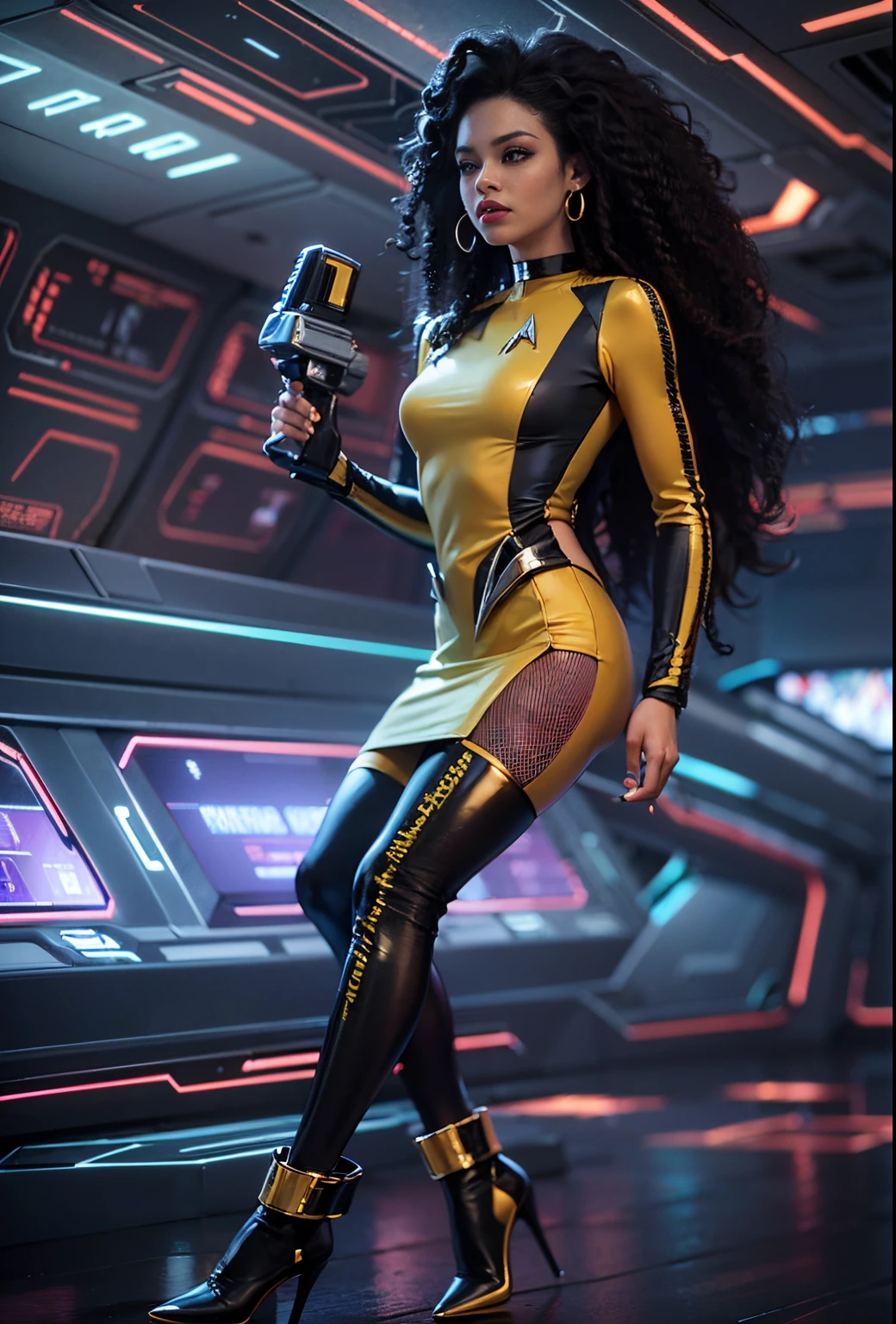 ((21-year-old))), black girl, (((light skin))), (((full body pose))), (((long curly black hair))), (((wearing Star trek uniform dress, pantyhose, and heels))), (((holding a phaser))), (((metal choker))), (((starship scene))), scifi fantasy, Rich, Deep Colours, (intricate details:0.9), (HDR, hyper-detailing:1.2), (natural skin textures, hyper realisitc, glistening skin, soft light, Sharp),