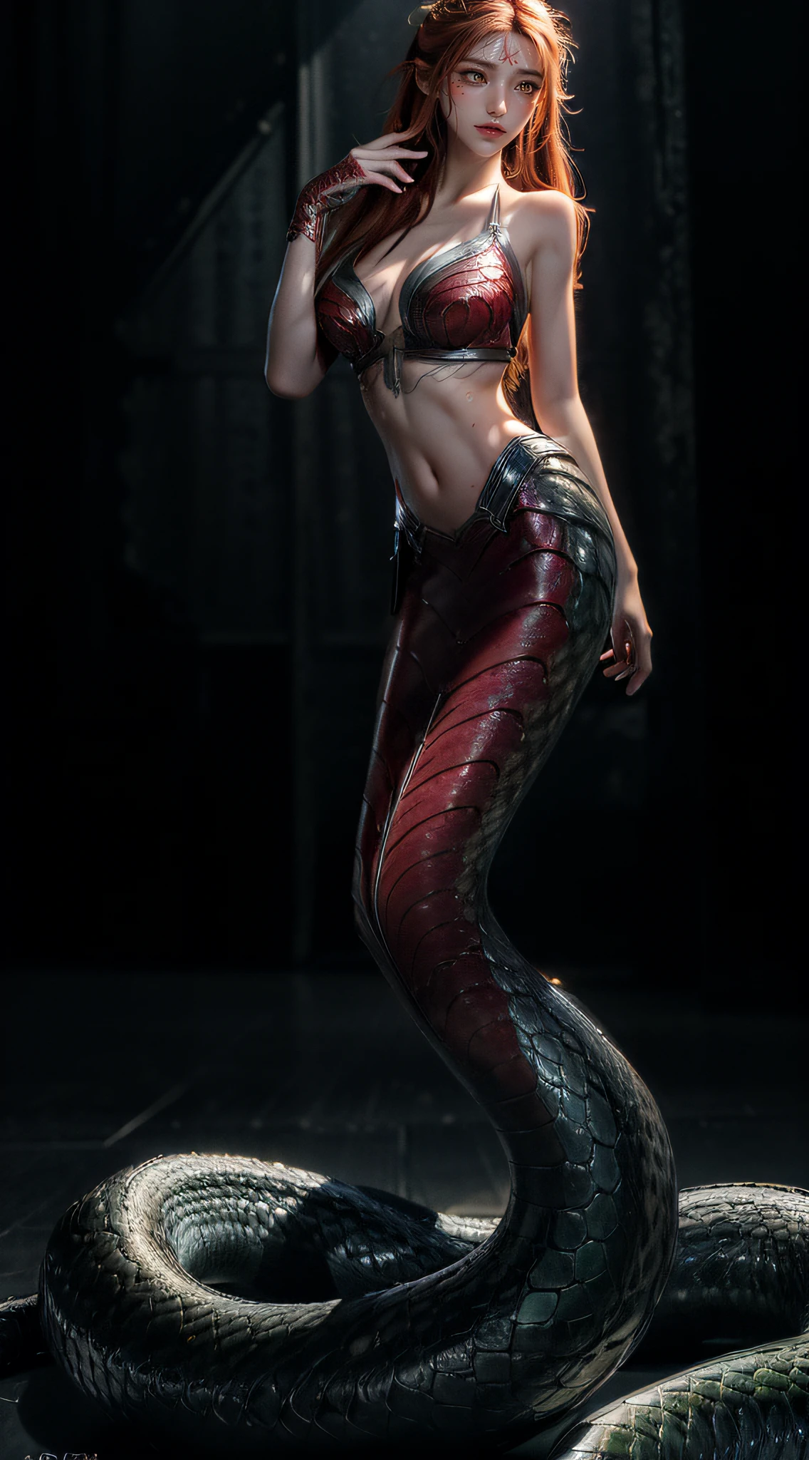 8K UHD,RAW photo,Lamia,(mermaids:1.2),(Elongated snake tail:1.3),Red long-haired,The face is delicate,Skin is smooth and delicate,Full breasts,Crystal clear scales,Meticulous hands,(see-through gloves),Stand up,(Real Human:1.3),(A high resolution:1.4),(A detailed:1.5),(photorealestic:1.7),RAW photo,Portrait Photogram,RAW photo,超A high resolution,Foto realism,best qualtiy,(highdetailskin,skin detailed),Visible Pore,Shiny skin,tmasterpiece,finedetail,Colorization,Extremely Delicately Beautiful,Extremely detailed 8k wallpaper,8K high quality,Digital SLR,beautifuldetails,(looking at viewert),professional photograph lighting,Faraway view