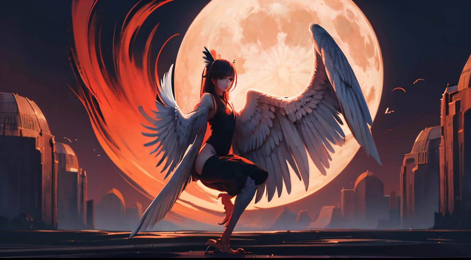 masterpiece、top-quality、hight resolution、8K、1beautiful girl、Wide Angle、from distance、full body Esbian、Front view、Harpy Girl、Harpy、There are wings on my arms、long wings larger than the body、Spread white wings、Its wings grow and approach the viewer...、natta、sitting on a small rock、I can'I can'I can't see the face in the silhouette、Only the eyes glow red、Looks like a silhouette because of the moon.'Back lighting.、Mystical、Fantastical、