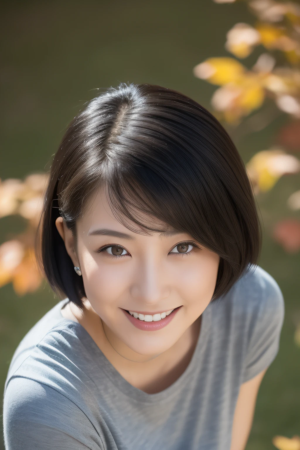 Standing in the park, Wrinkles around the eyes, Smiling with teeth showing, Plain short-sleeved clothing, senior citizen, Draw lips correctly, Red lipstick, No discomfort, 16K, Highest quality, Very detailed, Realistic, Very detailed肌, (Japanese), (alone), 100 years old, Large Breasts, , Glamour, sexy, Chromo White Skin, Staring straight ahead,