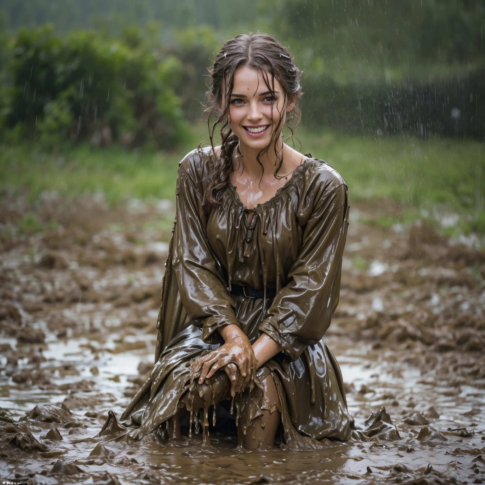 (masterpiece, best quality:1.2), cowboy shot, solo, 1girl, 27 yo peasant woman, smile, looking at viewer, peasant dress, capelet, belt, wet clothes, soaked, dripping wet, wet hair, wet skin, translucent, glistening with oil, fully clothed, wet muddy field, dripping with mud, muddy arms, muddy hair