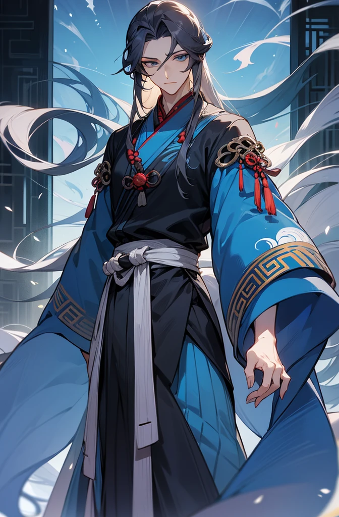 1人,Mature male,cabelos preto e longos,Black and blue clothes,独奏,(natta,starrysky,:1.2)Long gray hair, eBlue eyes,Chinese folk tales,swordsman,dynamic angle,