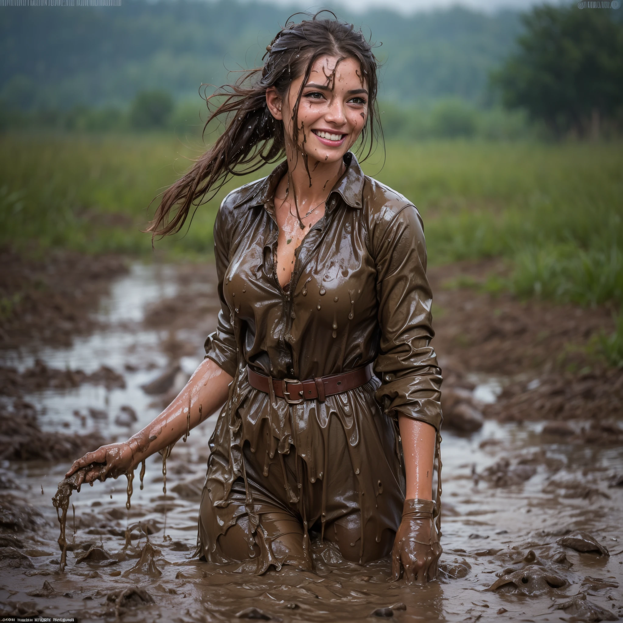 (masterpiece, best quality:1.2), cowboy shot, solo, 1girl, 27 yo peasant woman, smile, looking at viewer, peasant dress, capelet, belt, wet clothes, soaked, dripping wet, wet hair, wet skin, translucent, glistening with oil, fully clothed, wet muddy field, dripping with mud, muddy arms, muddy hair