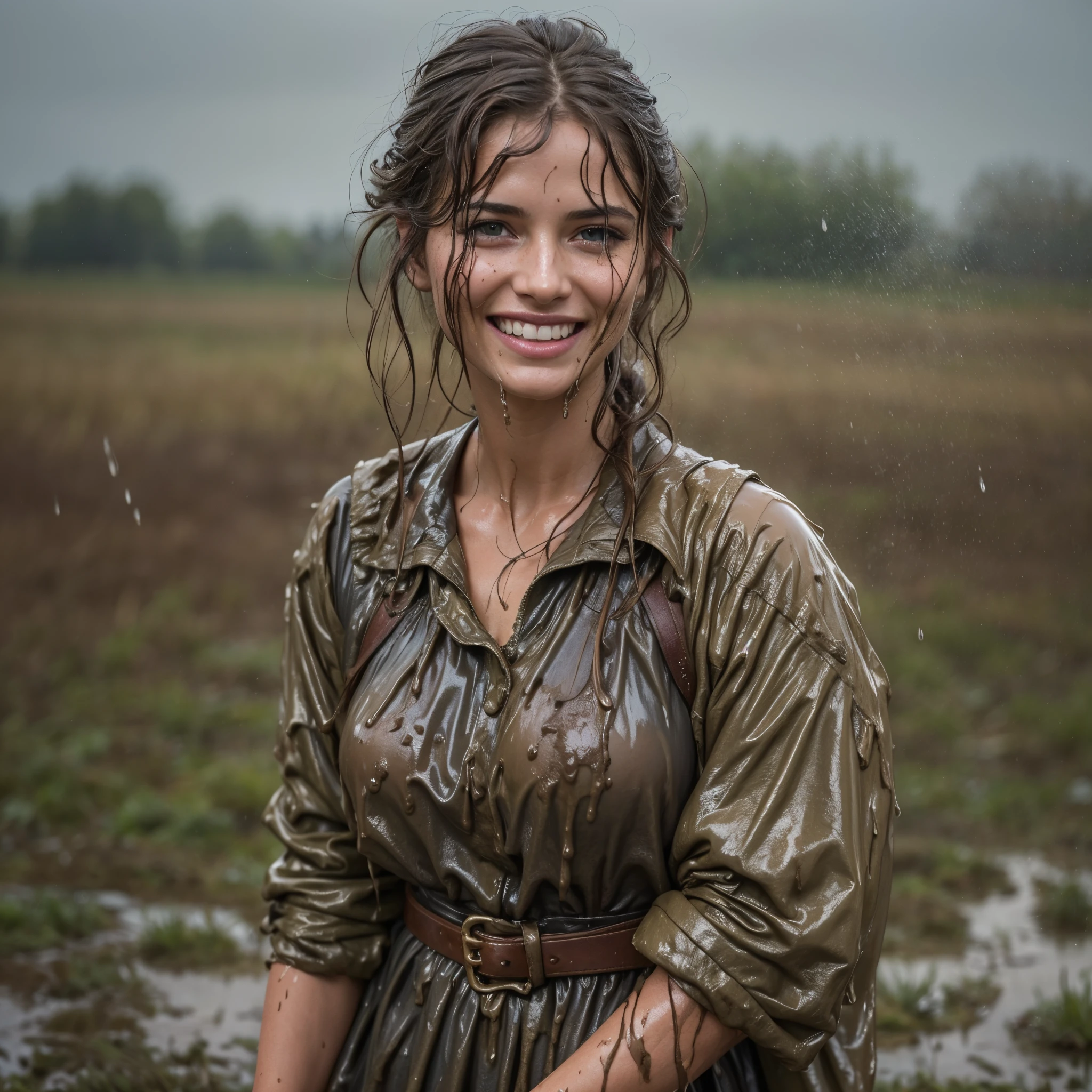 (masterpiece, best quality:1.2), cowboy shot, solo, 1girl, 27 yo peasant woman, smile, looking at viewer, peasant dress, capelet, belt, wet clothes, soaked, dripping wet, wet hair, wet skin, translucent, glistening with oil, fully clothed, wet muddy field, dripping with mud, muddy arms, muddy hair