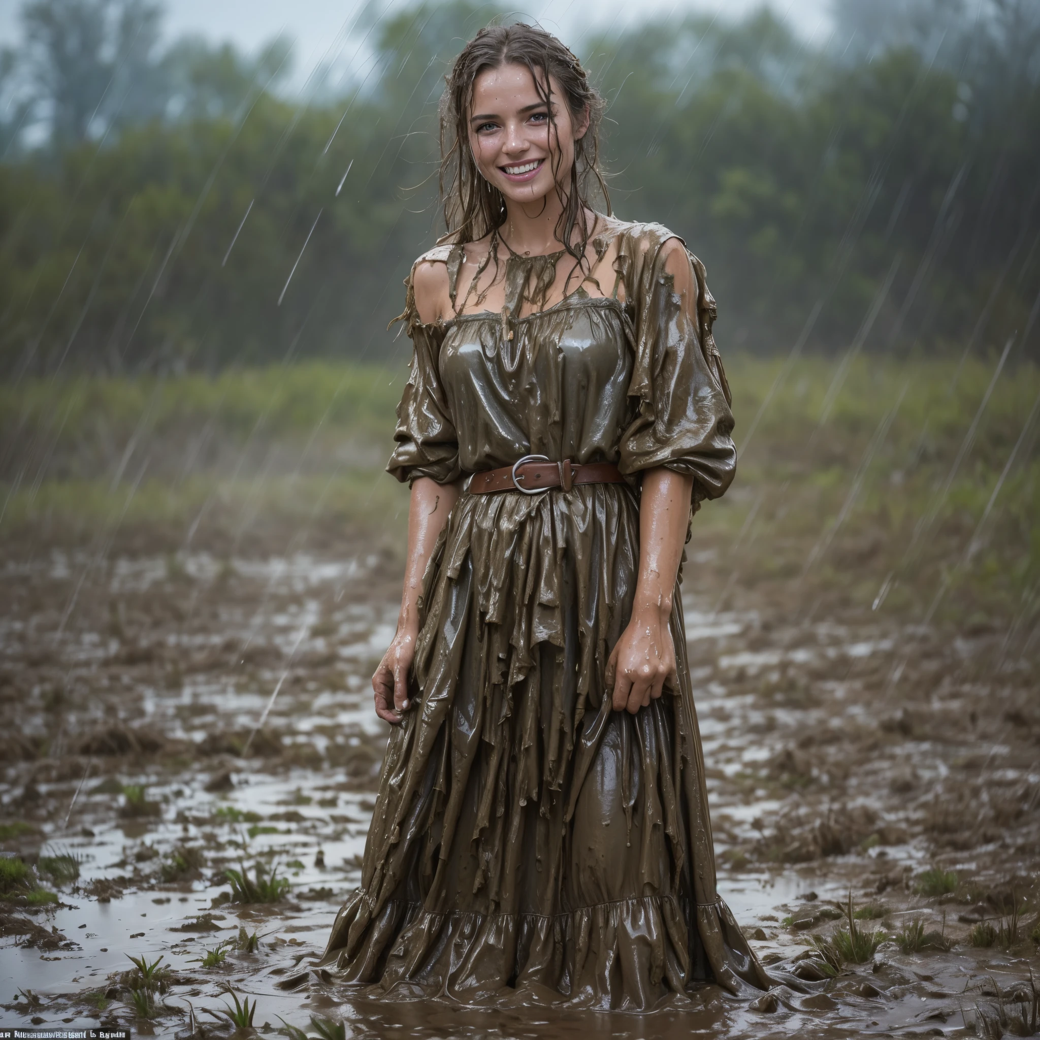 (masterpiece, best quality:1.2), cowboy shot, solo, 1girl, 27 yo peasant woman, smile, looking at viewer, peasant dress, capelet, belt, wet clothes, soaked, dripping wet, wet hair, wet skin, translucent, glistening with oil, fully clothed, wet muddy field, dripping with mud, muddy arms, muddy hair