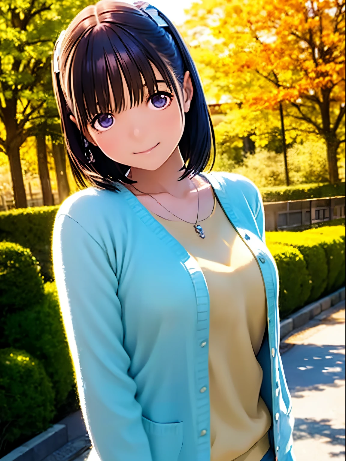 hight resolution,8K,Best Quality,detaileds,semi - realistic anime,Anime 3D Style,Smooth Anime CG,1 girl in,20 year old woman in Japan,slim,modeled,shiny chestnut hair,Medium Hair,Detailed face,Beautiful and detailed eyes,Glowing skin,(layered clothes,Autumn and winter clothes),earring beautiful,a necklace,Winter in Japan,dead wood,leaves falling,Hard Focus、film grains,Soft lighting,the wind,looking at the viewers,A smile,