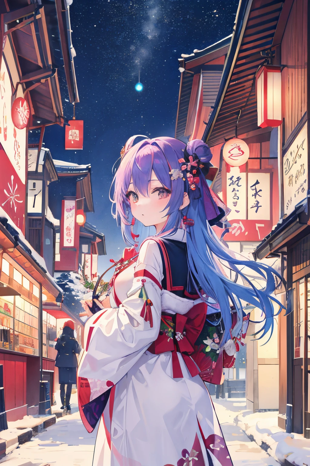 Top image quality、1girl in、Gradient Hair、A city with a complex structure made up of ukiyo-e prints、Christmas tree、Winter scenery、twilight、illuminations