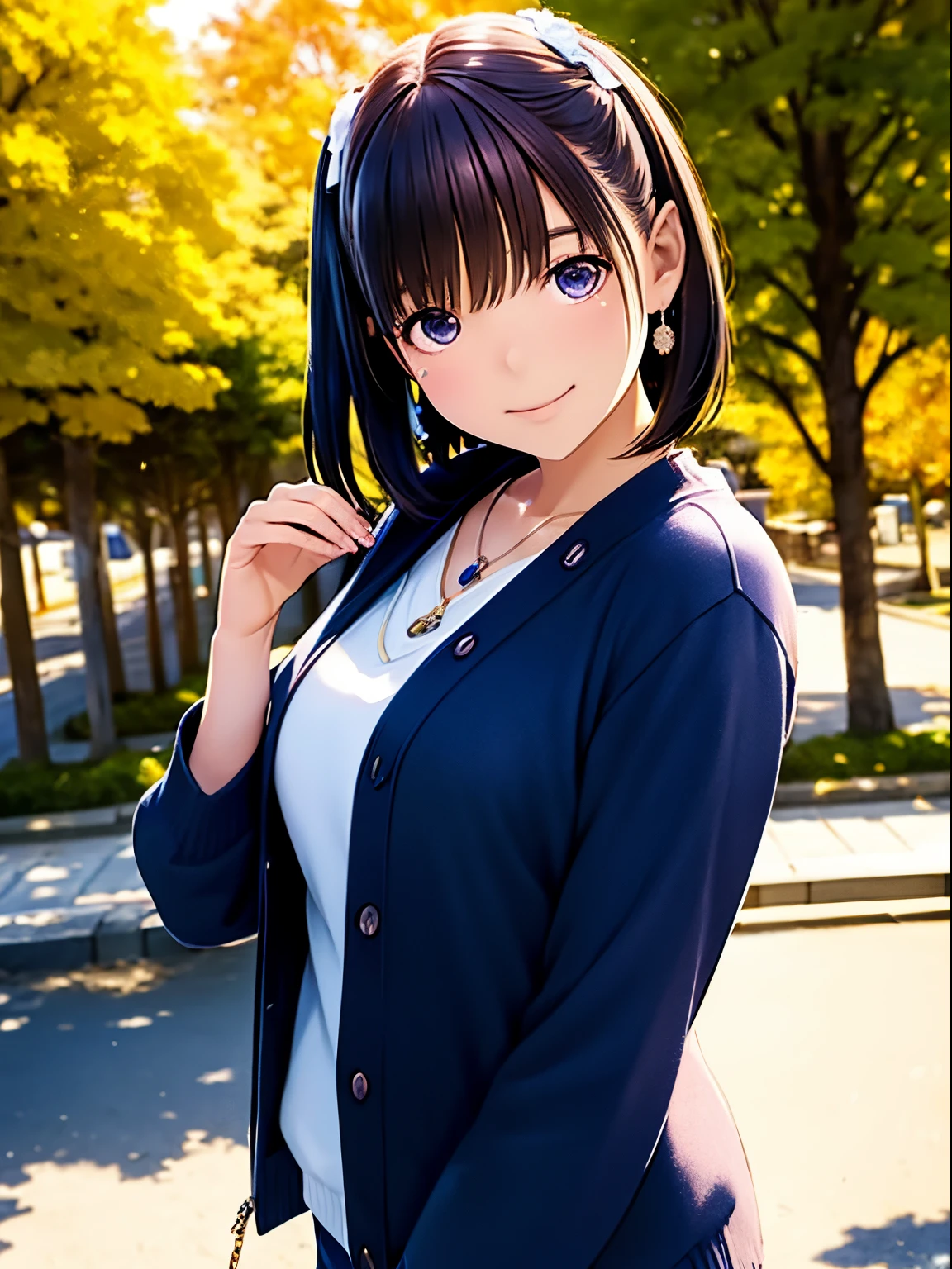 hight resolution,8K,Best Quality,detaileds,semi - realistic anime,Anime 3D Style,Smooth Anime CG,1 girl in,20 year old woman in Japan,slim,modeled,shiny chestnut hair,Medium Hair,Detailed face,Beautiful and detailed eyes,Glowing skin,(layered clothes,Autumn and winter clothes),earring beautiful,a necklace,Winter in Japan,dead wood,leaves falling,Hard Focus、film grains,Soft lighting,the wind,looking at the viewers,A smile,