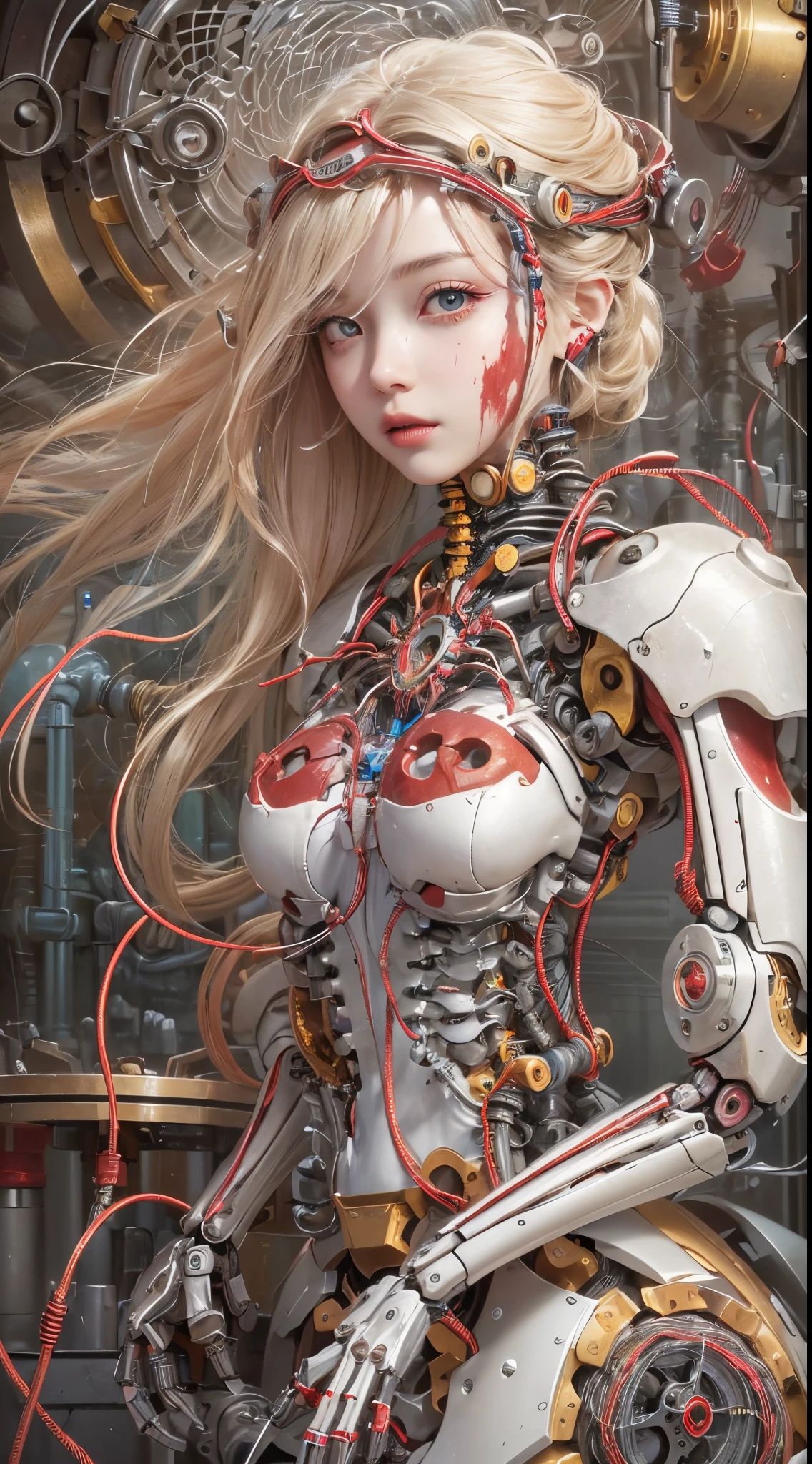 league of legend：Oriana（clockwork monster）。white backgrounid ，(((tmasterpiece))), (((Best quality at best))), ((ultra - detailed)), (Highly detailed CG illustration), ((Extremely Delicately Beautiful)),(Cute and delicate face),电影灯光,((1 Mechanical Girl)),Alone,Long blonde hair(full bodyesbian),(Machine made joints:1.4),((Mechanical limb)),(blood vessels attached to tubes),((Mechanical vertebrae attach to the back)),((The mechanical cervical vertebrae are attached to the neck)),(wires and cables attached to head and body:1.5),scientific fiction