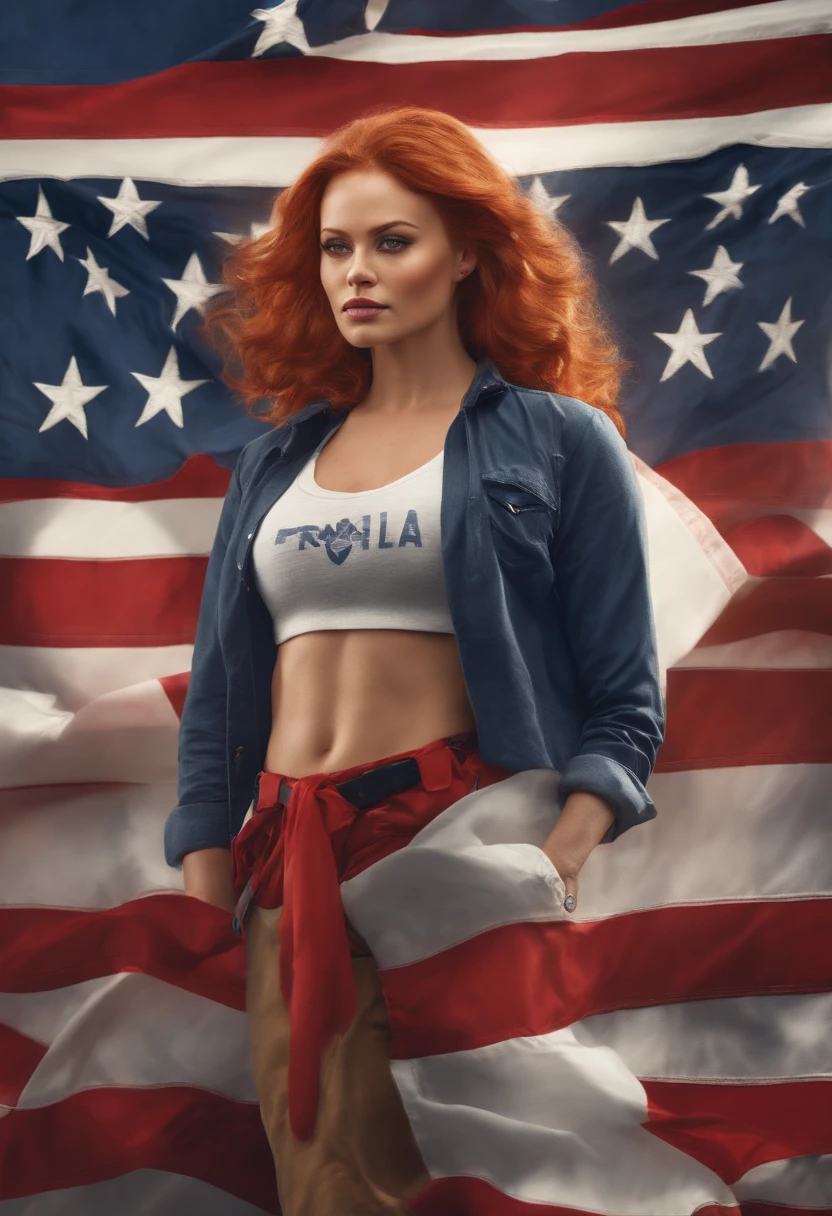 An image of the character volunteering at a local school, helping students with their studies.,original,Maggie, a staunch MAGA devotee, stands out with her fiery red hair often styled in a patriotic bandana, and her wardrobe is a bold display of pro-Trump slogans and American flags. Her appearance is further marked by a determined, almost fierce expression, embodying her unshakable conviction in her political stance.