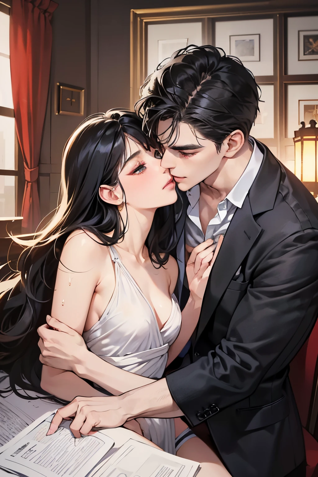 (masutepiece, Digital Art, Digital Illustration, 4K, 8K, Ultra-detailed, beautiful image, Sharp Image, Photorealistic, Raw photo, Perfect face, Perfect lines, Perfect eyes, Soft lighting) 1 woman, (Long Black Hair,straight haired,Bullish gaze,Beautie,Woman in suit,Solid makeup,23 y-o woman,A slender、small tits:1.3),Secretary, Two handsome men in suits, (ember,Men in suits,well-muscled,Firm shoulder width,Adult male,Boyish hairstyle,English gentlemanly style,Man in his 30s with a cool expression,28-year-old man with bright smile:1.2),Office scene at night,Antique furnishings,Antique chair,chandeliers,Parti、a couple、couple kissing、kiss、the kiss、Romance、loves it、kiss、a couple、couple kissing、Romance、Romance、ssex、have sex、Wet pubic area、insert 、Rape、Overflowing、独奏,Full body painting,(One Girl And One Man,Having sex:1.5),(ember,Adult male,Rubbing the girl's boobs:1.2),Cheek dyeing、gasping face、embarrassed、boredom、begging、Unhappy、Greedy expression,Wet pubic area、 xen