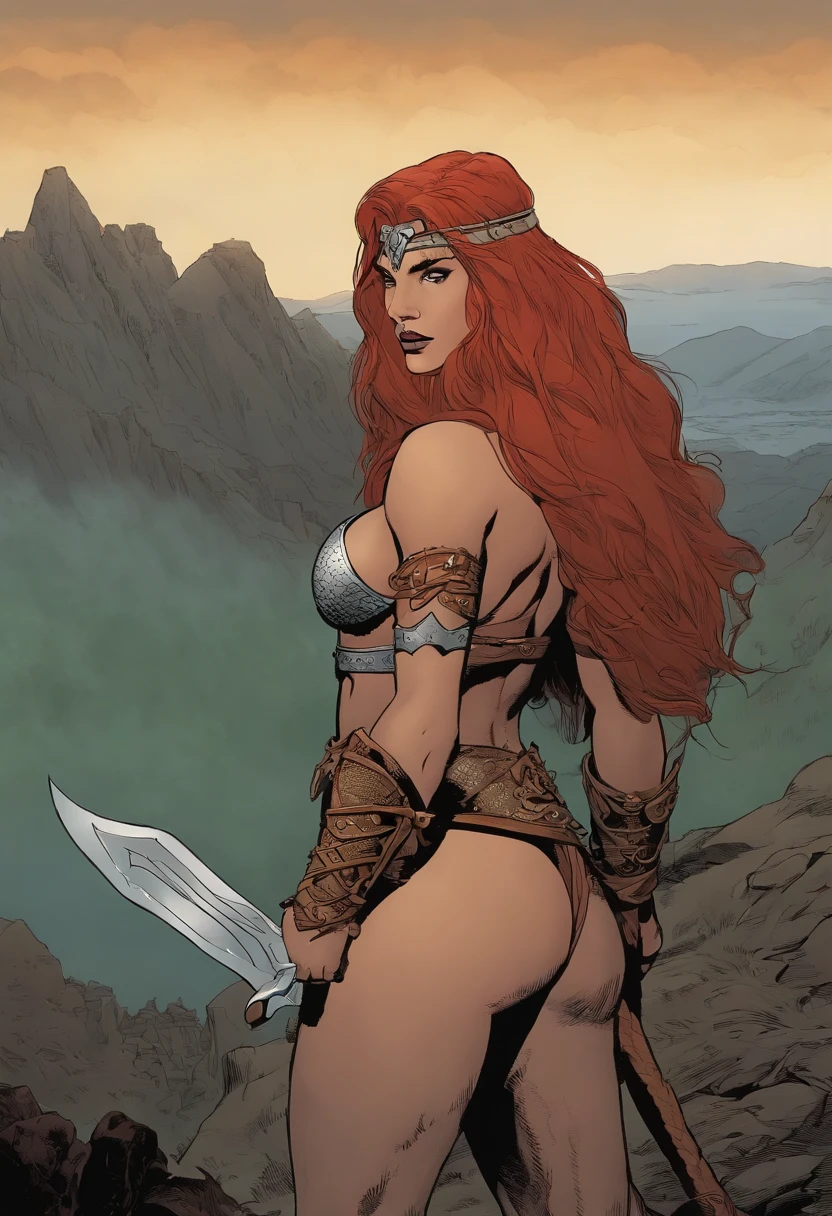 A breathtaking view of a fog-cloaked mountaintop at sunrise,Conan the Barbarian #23,Red Sonja is a beautifull woman, wearing a chainmailbikini, covering her curves, a slender body, long red hair and green eyes