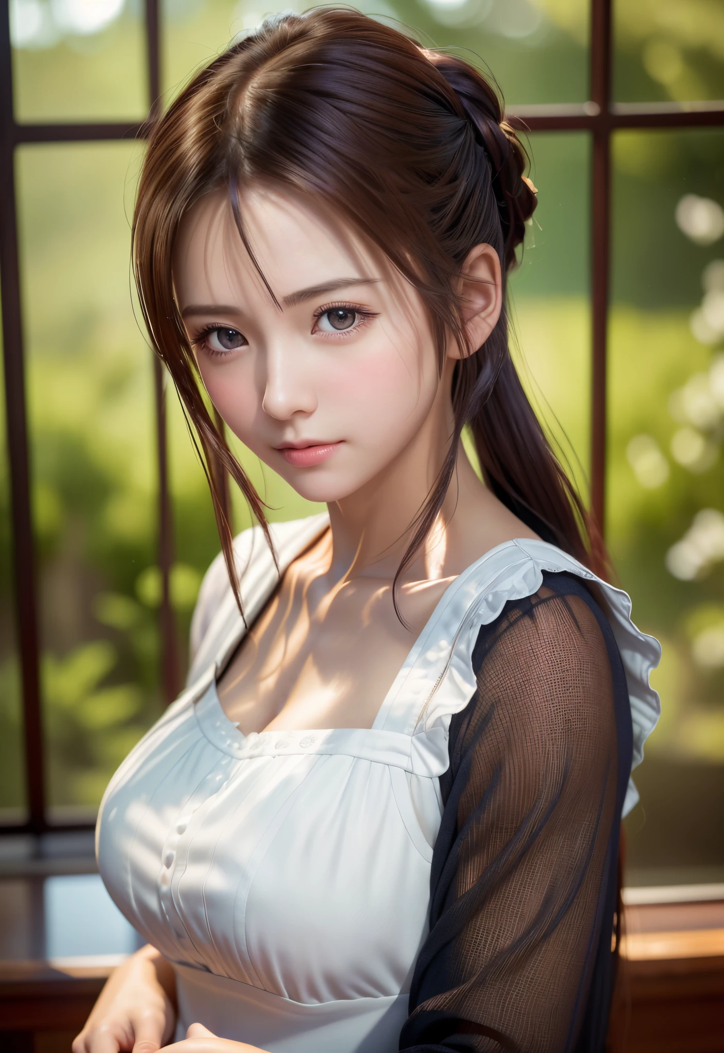 8K, of the highest quality, masutepiece:1.2), (Realistic, Photorealsitic:1.37), of the highest quality, masutepiece, Beautiful young woman, Pensive expression, Gentle eyes, Cute Maid Clothes, Hair tied back, feeling radiant, Cinematic background,, Light skin tone