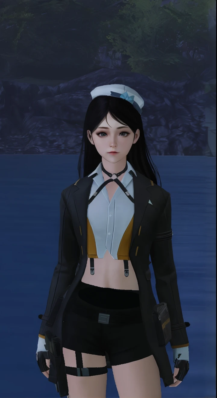 a close up of a person in a short skirt and jacket, from the azur lane videogame, azur lane style, sailor uniform, queen of the sea mu yanling, full body xianxia, wearing dark maritime clothing, fine details. girls frontline, characters from azur lane, gilded black uniform, from girls frontline, loose coat collar sailor uniform