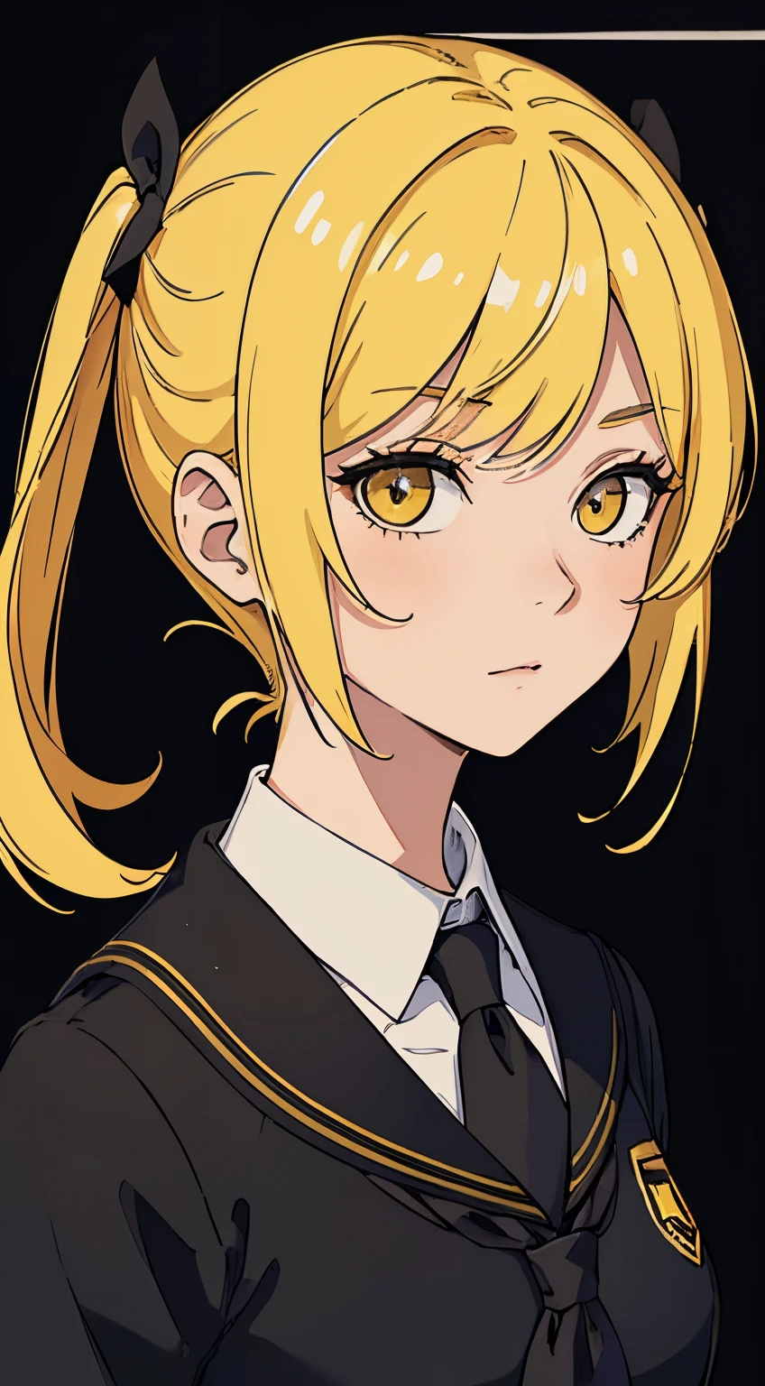 Perfect proportion, masterpiece, high quality, high details, (yellow hair), (1woman), ((medium hair)),black  school uniform. all black background. Close up to face. Face datails.