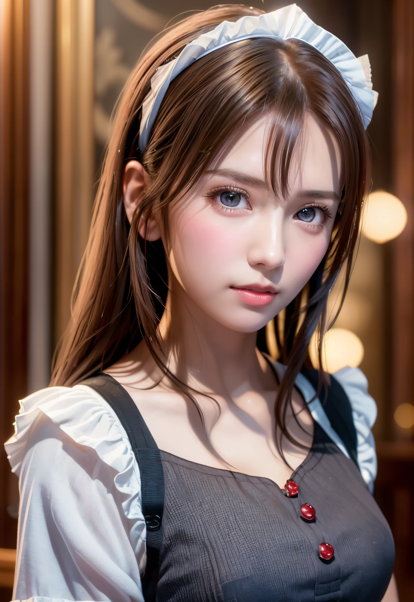 8K, of the highest quality, masutepiece:1.2), (Realistic, Photorealsitic:1.37), of the highest quality, masutepiece, Beautiful young woman, Pensive expression, Gentle eyes, Cute Maid Clothes, Hair tied back, feeling radiant, Cinematic background,, Light skin tone