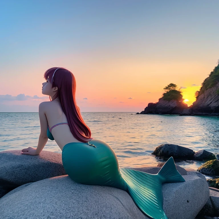 cute mermaid girl. Rear view of a 2D beautiful girl leaning against a rock and watching the sunrise. Anime style.