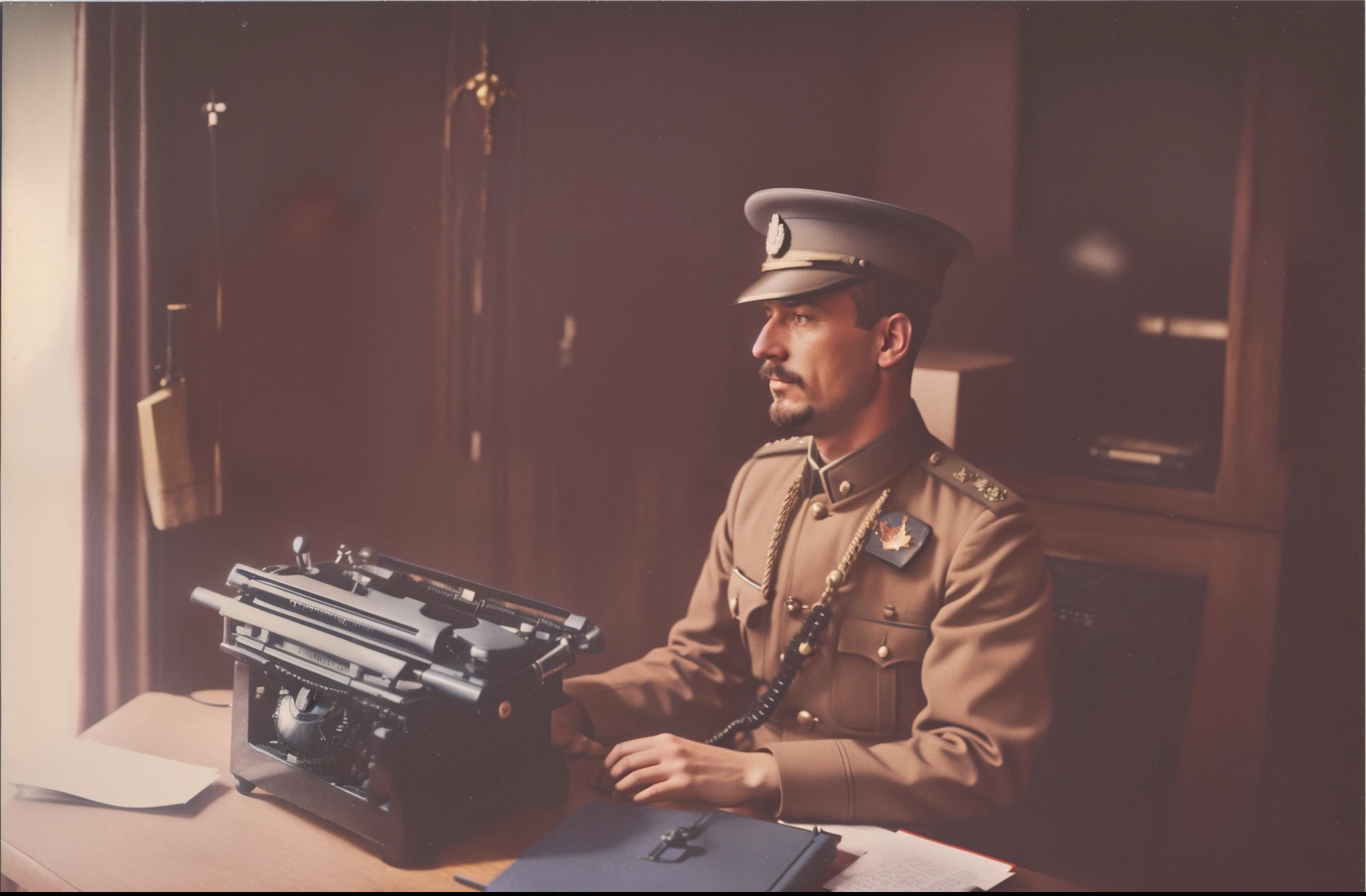 arafed man in uniform sitting at a typewriter with a book, knyazev konstantin, vladimir motsar, ivan aivakovsky, vladimir krisetskiy, taken on a ww 1 camera, ilya kushinov, konstantin porubov, Anonymous, mednyanszky laszlo