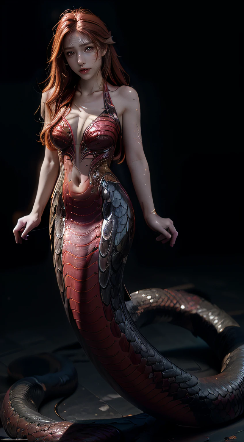 8K  UHD，RAW photo，1 Lamia,（Elongated snake tail:1.3），Red long-haired，The face is delicate，Skin is smooth and delicate，Full breasts，Crystal clear scales，Meticulous hands，（Transparent gloves），Stand up，(Real Human:1.3)，(A high resolution:1.4)，(A detailed:1.5)，(photorealestic:1.7)，RAW photo，Portrait Photogram，RAW photo，超A high resolution，Foto realism，best qualtiy，(highdetailskin，skin detailed)，Visible Pore，Shiny skin，tmasterpiece，finedetail，Colorization，Extremely Delicately Beautiful，Extremely detailed 8k wallpaper，8K high quality，Digital SLR，beautifuldetails，(looking at viewert)，professional photograph lighting，Faraway view