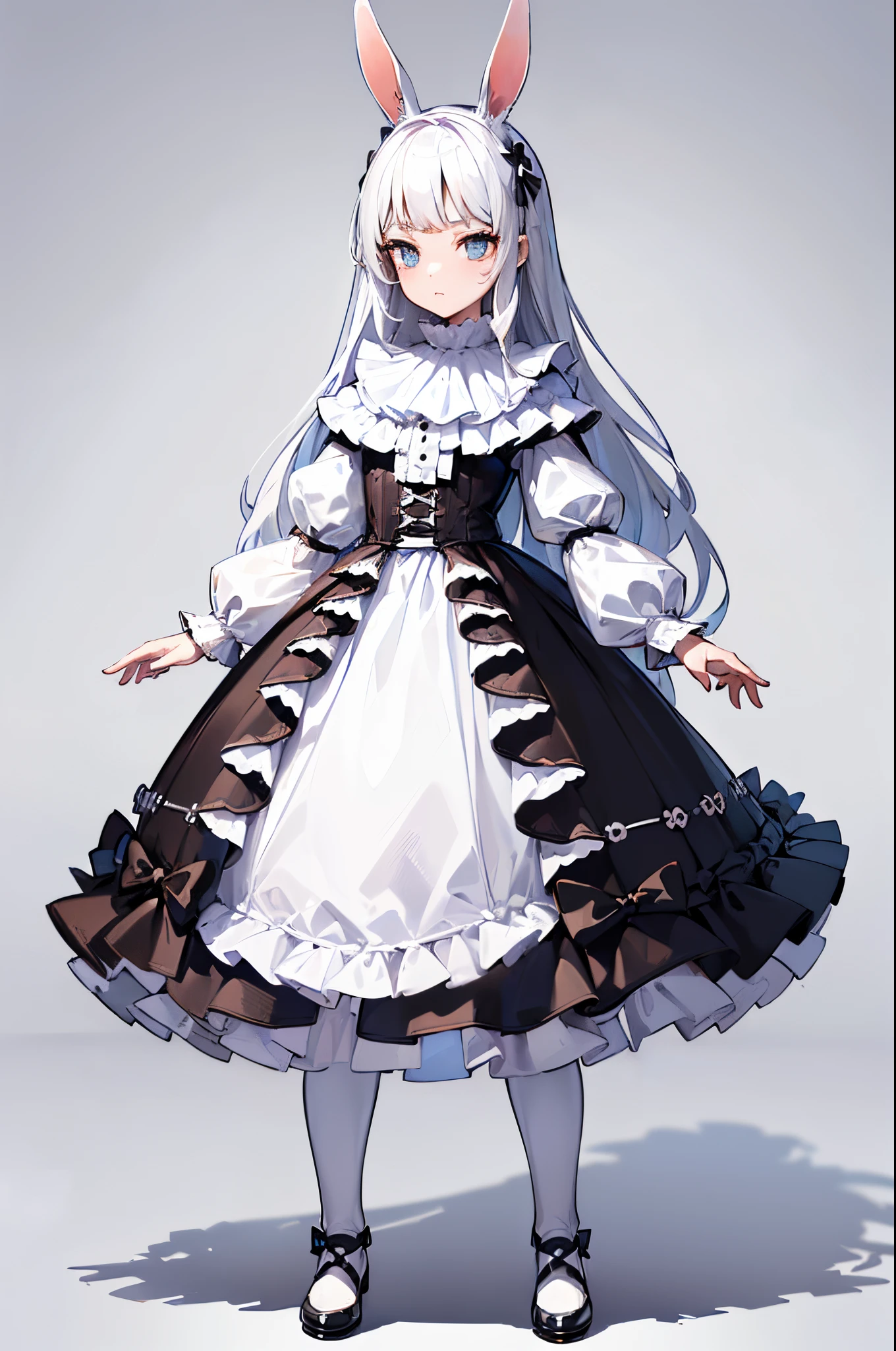 reference sheet, matching outfit, ((Best Quality)), ((Masterpiece)), (Character full body), (((best quality, high quality))), ((((UHD, highres))), (concept art), 1 girl, standing full-body, Clear facial features,Simple line design,Transparent background,(tmasterpiece,top Quority,best qualtiy, Clear facial features,beautidful eyes,beauitful face), beautiful, (((simple detailed))) (((white background))) 6 and a half heads full body, clown, ???, rabbit doll,