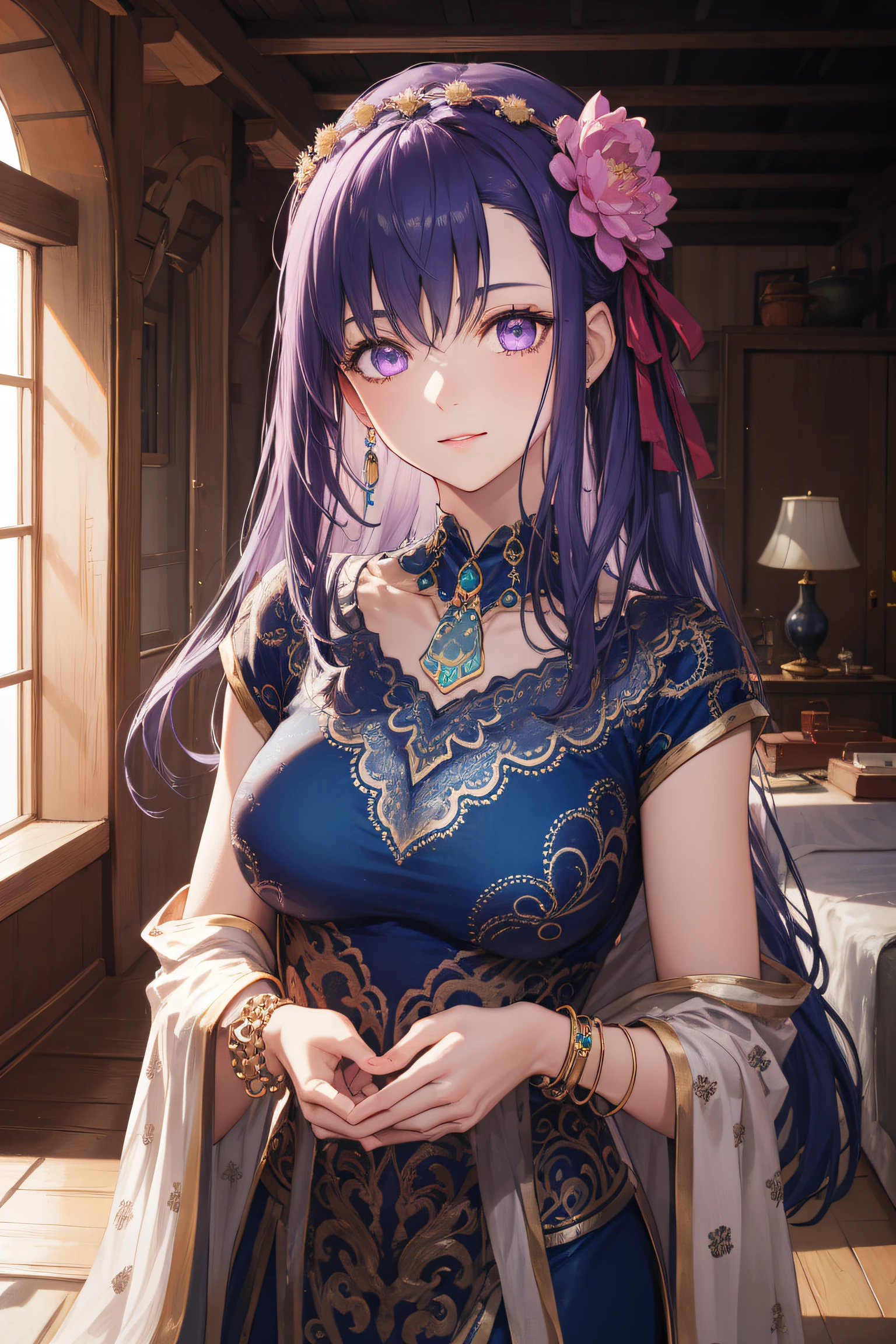 parvati, parvati, long hair, (purple eyes:1.1), purple hair,
BREAK bracelet, flower, hair flower, hair ornament, indian clothes, jewelry, necklace, side slit,
BREAK looking at viewer,standing,
BREAK outdoors,
BREAK (masterpiece:1.2), best quality, high resolution, unity 8k wallpaper, (illustration:0.8), (beautiful detailed eyes:1.6), extremely detailed face, perfect lighting, extremely detailed CG, (perfect hands, perfect anatomy),