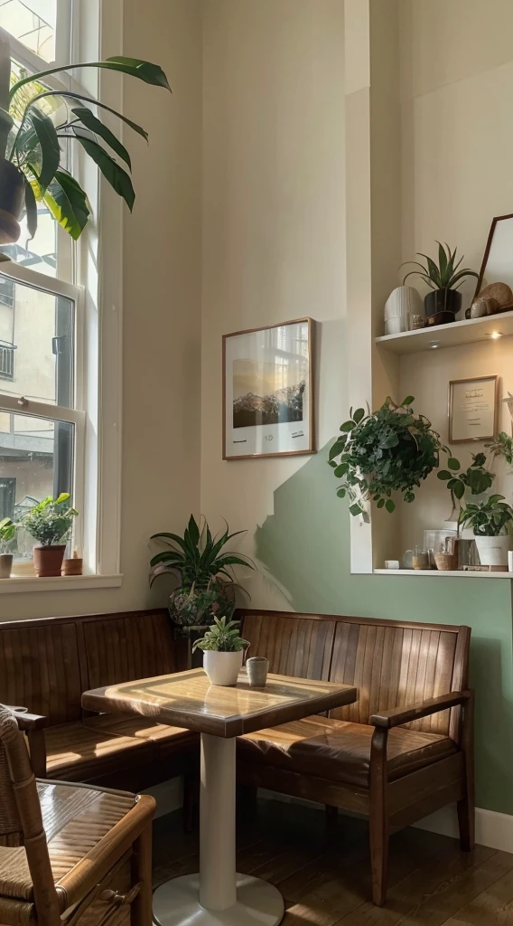 (Best quality at best,4K,A high resolution,tmasterpiece:1.2),ultra - detailed,actual,Cinematic,comfortably,gentlesoftlighting,A corner of the cafe,Turtle Taro,chill out,unwind,serene,Quiet,,glass window,wood furnishings,Premium,Premium,Tiled floor,faded paint,barista brew,Espresso machine,Steaming white ceramic coffee cup,counter,menu board,cozy arm chairs,bookshelves,art wall decoration,eye-catching light and shadow,Peaceful atmosphere,green plant,aromatic coffee aroma,warm color palette,Mottled sunlight,soft music,Deep voice,houseplant,Soothing atmosphere,Inviting,Escape the hustle and bustle of the city