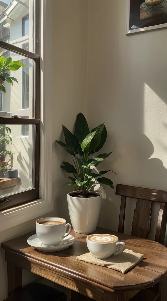 (Best quality at best,4K,A high resolution,tmasterpiece:1.2),ultra - detailed,actual,Cinematic,comfortably,gentlesoftlighting,A corner of the cafe,Turtle Taro,chill out,unwind,serene,Quiet,,glass window,wood furnishings,Premium,Premium,Tiled floor,faded paint,barista brew,Espresso machine,Steaming white ceramic coffee cup,counter,menu board,cozy arm chairs,bookshelves,art wall decoration,eye-catching light and shadow,Peaceful atmosphere,green plant,aromatic coffee aroma,warm color palette,Mottled sunlight,soft music,Deep voice,houseplant,Soothing atmosphere,Inviting,Escape the hustle and bustle of the city