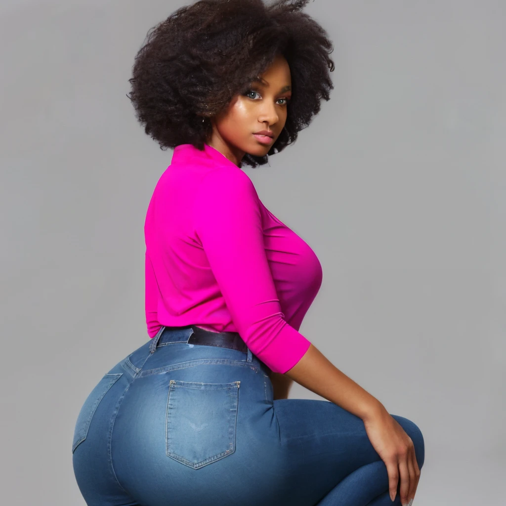 A beautiful black woman. She has a huge booty. She is wearing blue jeans. Wearing a pink blouse. High heels