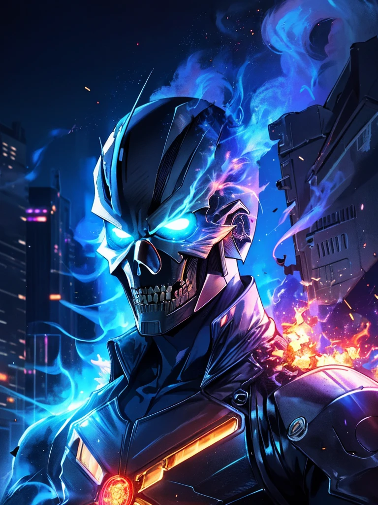 gloomy portrait of Ghost Rider from Marvel, extremely detailed, futuristic cityscape, nighttime, glowing neon lights, smoke, sparks, metal shavings, flying debris, blue energy effects, volumetric light