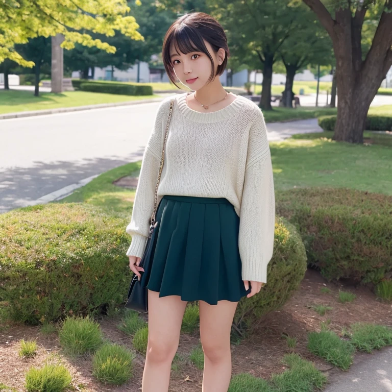 1womanl、20 years old、a park、Wearing a sweater、skirt by the、Shorthair、Photorealsitic