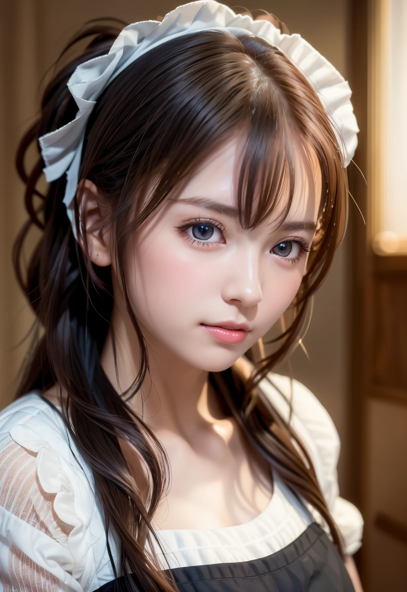 8K, of the highest quality, masutepiece:1.2), (Realistic, Photorealsitic:1.37), of the highest quality, masutepiece, Beautiful young woman, Pensive expression, Gentle eyes, Cute Maid Clothes, Hair tied back, feeling radiant, Cinematic background,, Light skin tone