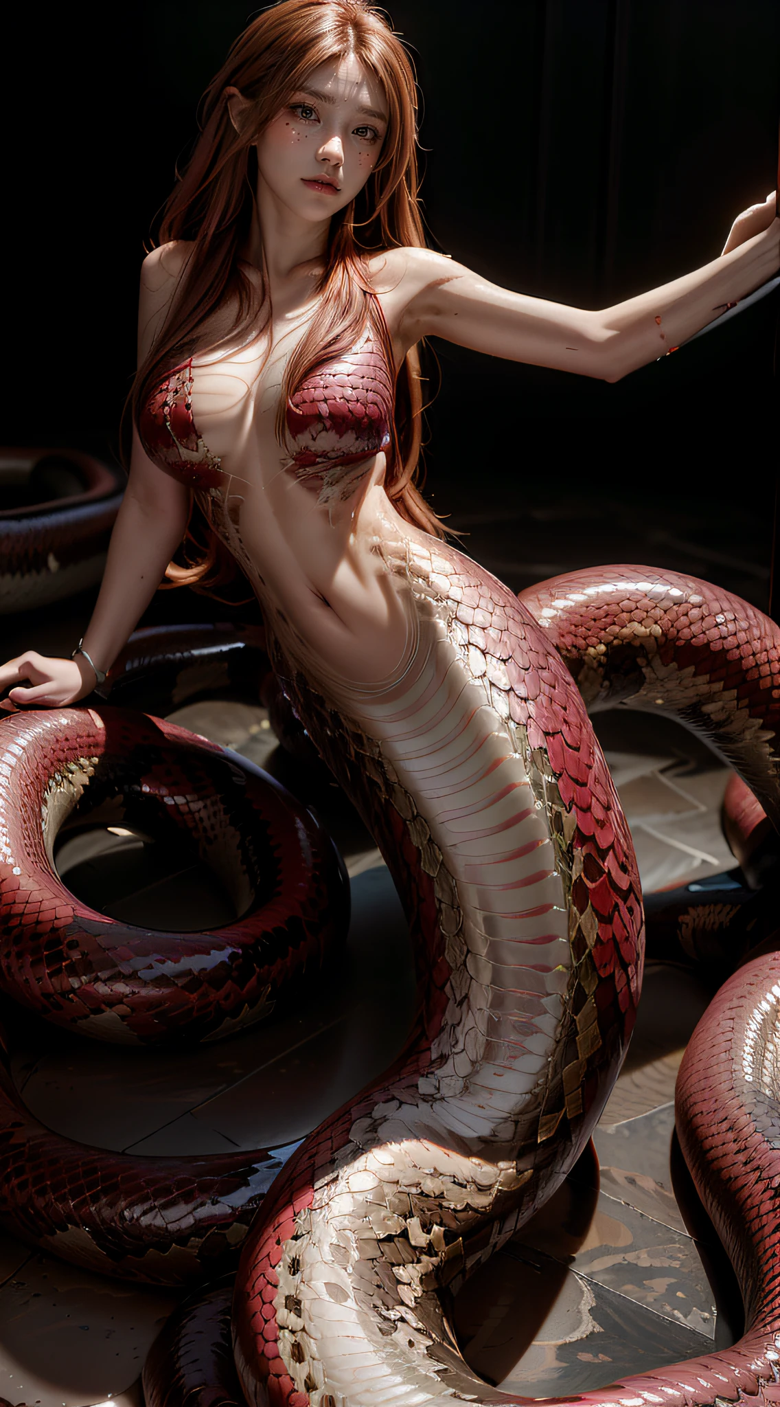 8K  UHD，RAW photo，1 Snake woman，（Elongated snake tail:1.3），Red long-haired，The face is delicate，Skin is smooth and delicate，Full breasts，Crystal clear golden scales，(Real Human:1.3)，(A high resolution:1.4)，(A detailed:1.5)，(photorealestic:1.7)，RAW photo，Portrait Photogram，RAW photo，超A high resolution，Foto realism，best qualtiy，(highdetailskin，skin detailed)，Visible Pore，Shiny skin，tmasterpiece，finedetail，Colorization，Extremely Delicately Beautiful，Extremely detailed 8k wallpaper，8K high quality，Digital SLR，Beautiful detail Lamia，(looking at viewert)，professional photograph lighting，Faraway view