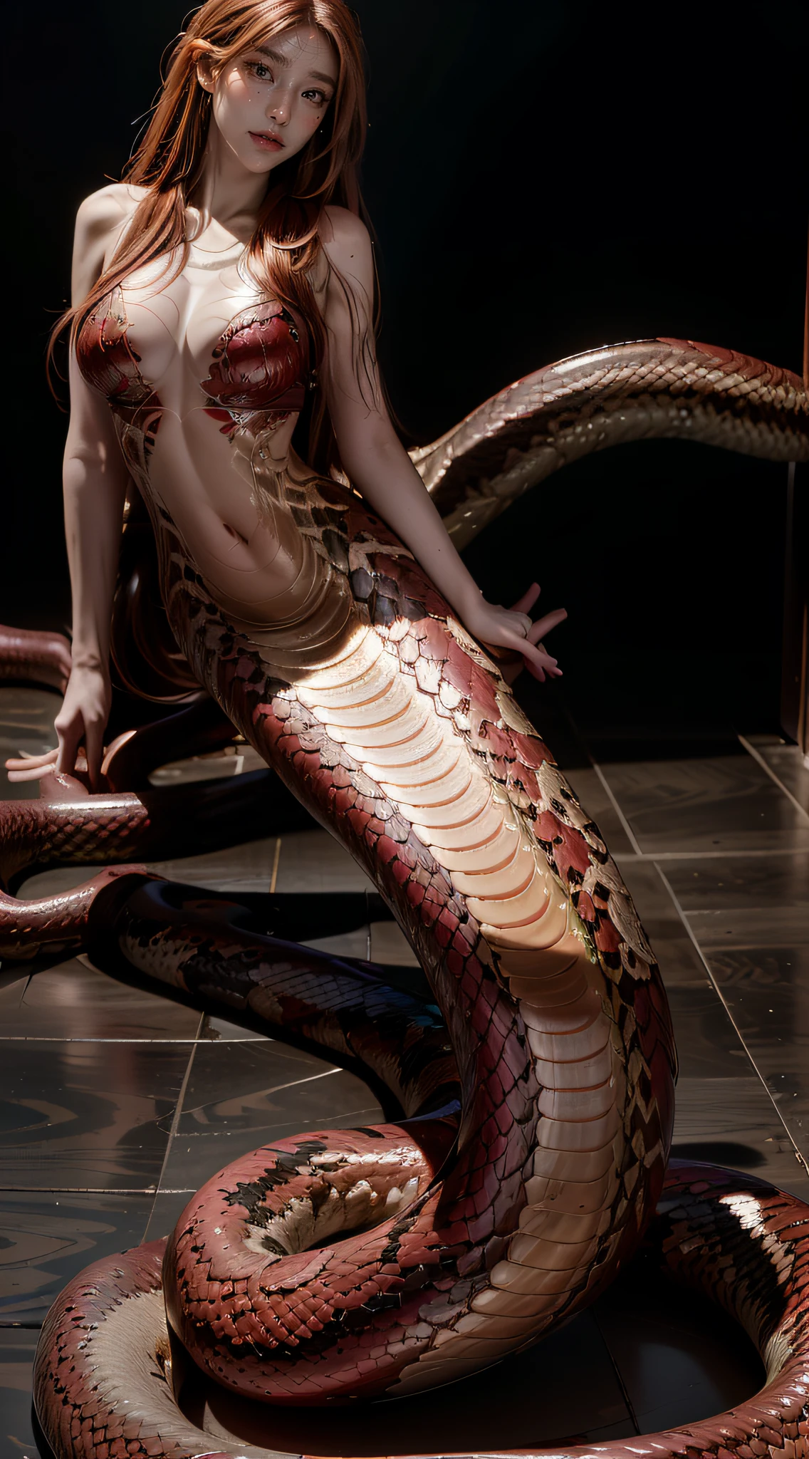 8K  UHD，RAW photo，1 Snake woman，（Elongated snake tail:1.3），Red long-haired，The face is delicate，Skin is smooth and delicate，Full breasts，Crystal clear golden scales，(Real Human:1.3)，(A high resolution:1.4)，(A detailed:1.5)，(photorealestic:1.7)，RAW photo，Portrait Photogram，RAW photo，超A high resolution，Foto realism，best qualtiy，(highdetailskin，skin detailed)，Visible Pore，Shiny skin，tmasterpiece，finedetail，Colorization，Extremely Delicately Beautiful，Extremely detailed 8k wallpaper，8K high quality，Digital SLR，Beautiful detail Lamia，(looking at viewert)，professional photograph lighting，Faraway view