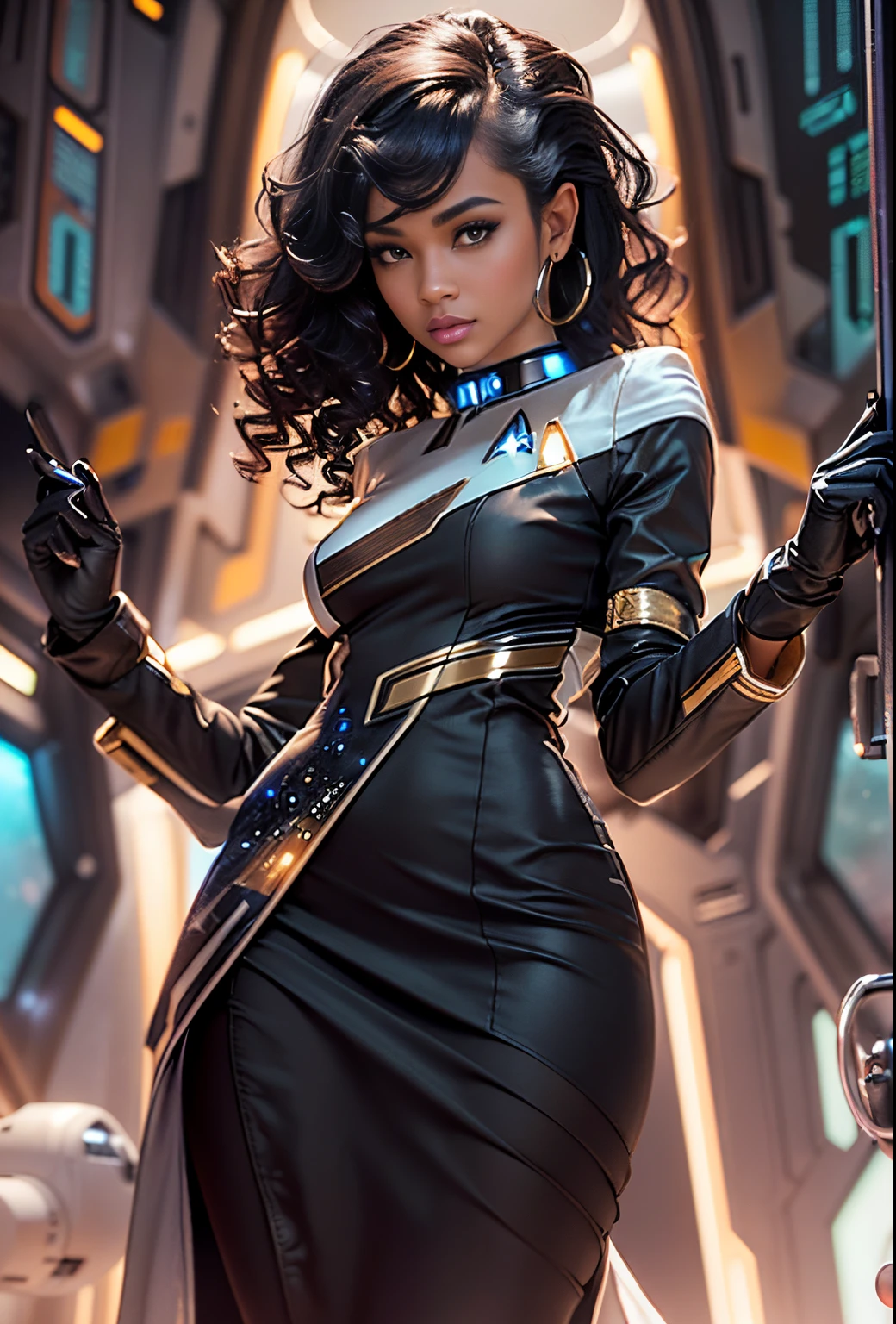((21-year-old))), exotic girl, (((light skin))), (((full body pose))),  (((long curly black hair))), (((wearing Star trek uniform dress, pantyhose, and heels))), (((holding a phaser))), (((metal choker))), (((starship scene))), scifi fantasy, Rich, Deep Colours, (intricate details:0.9), (HDR, hyper-detailing:1.2), (natural skin textures, hyper realisitc, glistening skin, soft light, Sharp),