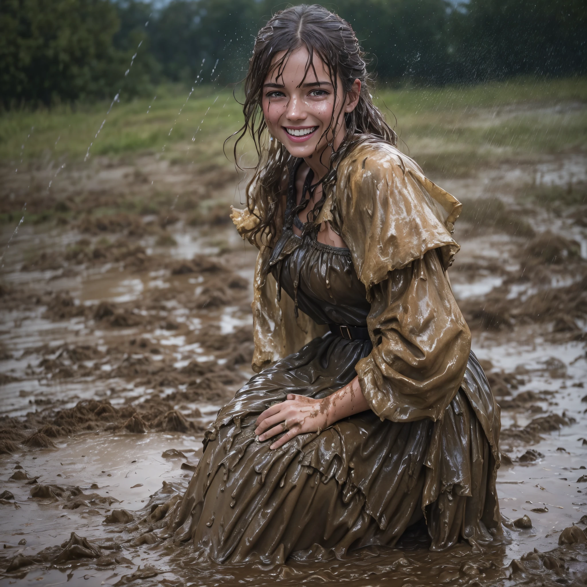 (masterpiece, best quality:1.2), cowboy shot, solo, 1girl, 27 yo peasant woman, smile, looking at viewer, peasant dress, capelet, belt, wet clothes, soaked, dripping wet, wet hair, wet skin, translucent, glistening with oil, fully clothed, wet muddy field, dripping with mud, muddy arms, muddy hair