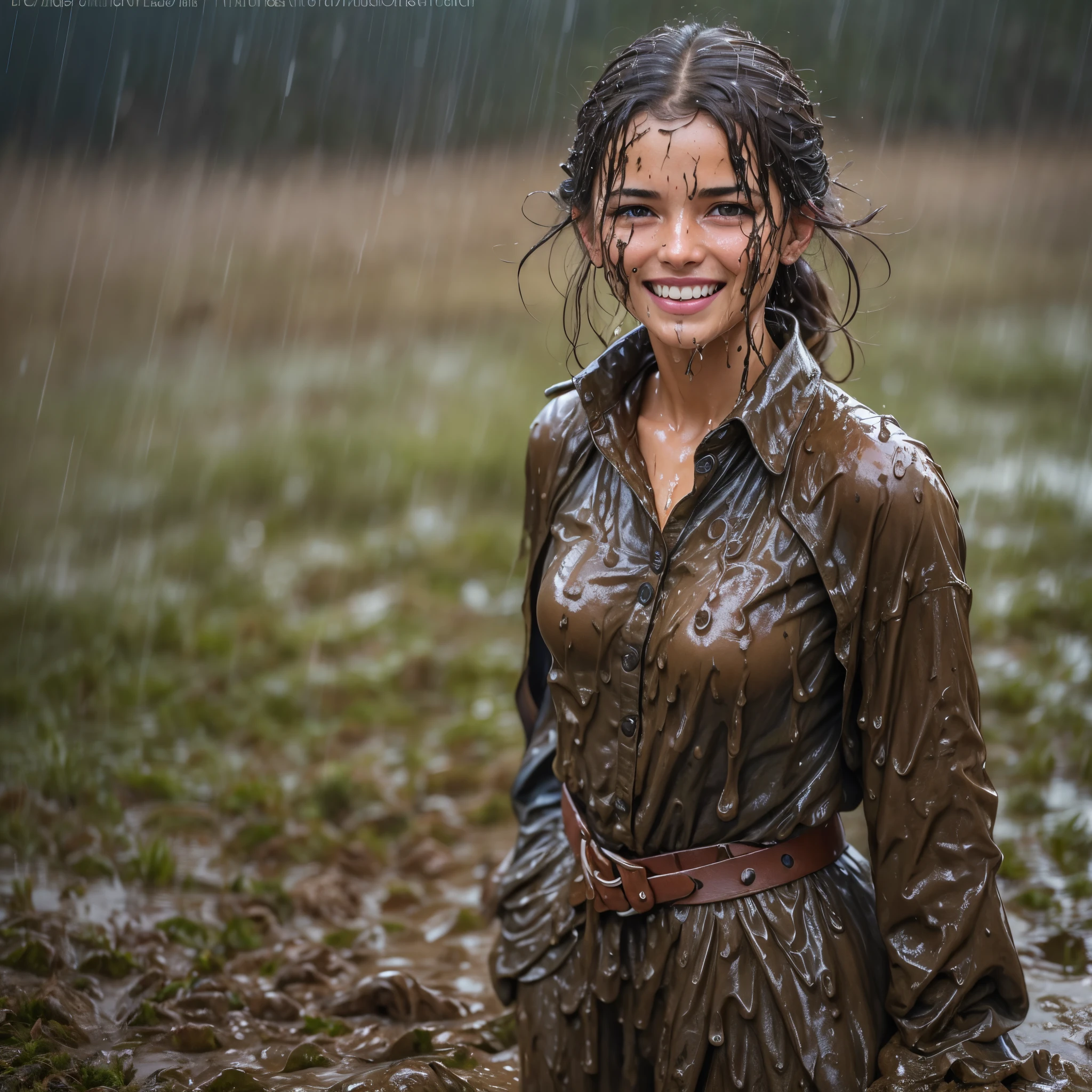 (masterpiece, best quality:1.2), cowboy shot, solo, 1girl, 27 yo peasant woman, smile, looking at viewer, peasant dress, capelet, belt, wet clothes, soaked, dripping wet, wet hair, wet skin, translucent, glistening with oil, fully clothed, wet muddy field, dripping with mud, muddy arms, muddy hair