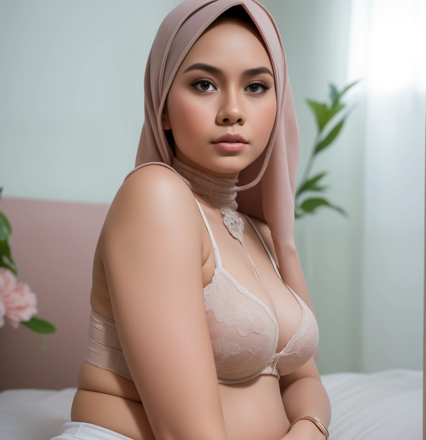 pregnant malay girl wearing hijab lying in hospital bed, wearing pastel blue underwear, bra and panties only, hospital ward background, spread leg open, RAW photo, best quality, masterpiece, high detail RAW color photo, malay girl, professional photograph, (realistic, photorealistic:1.37), (high detailed skin:1.2), high resolution, beautiful detailed eyes, dramatic lighting, cinematic lighting, back light, professional lighting, detailed skin texture, insane details, intricate details, accent lighting, soft volumetric light, bokeh, (dramatic light:1.2), (neutral colors:1.3), cross process,