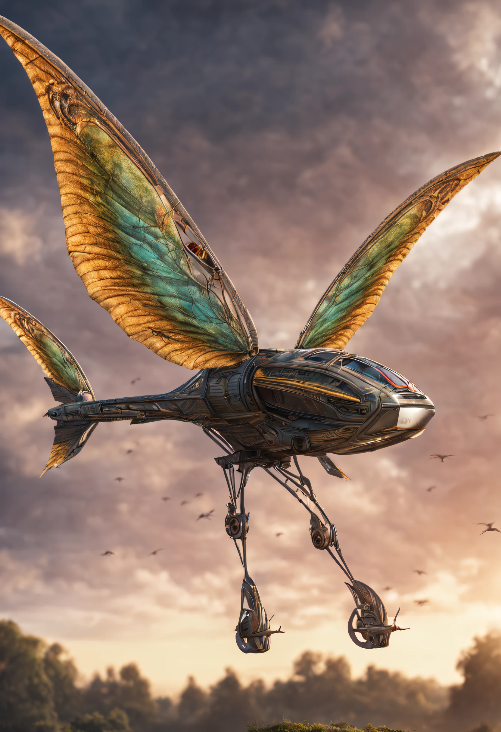A beautifull and realistic animal ornithopter, biomecanic alien . Lot of textured and colored. a beautifull world it visible and galaxy too