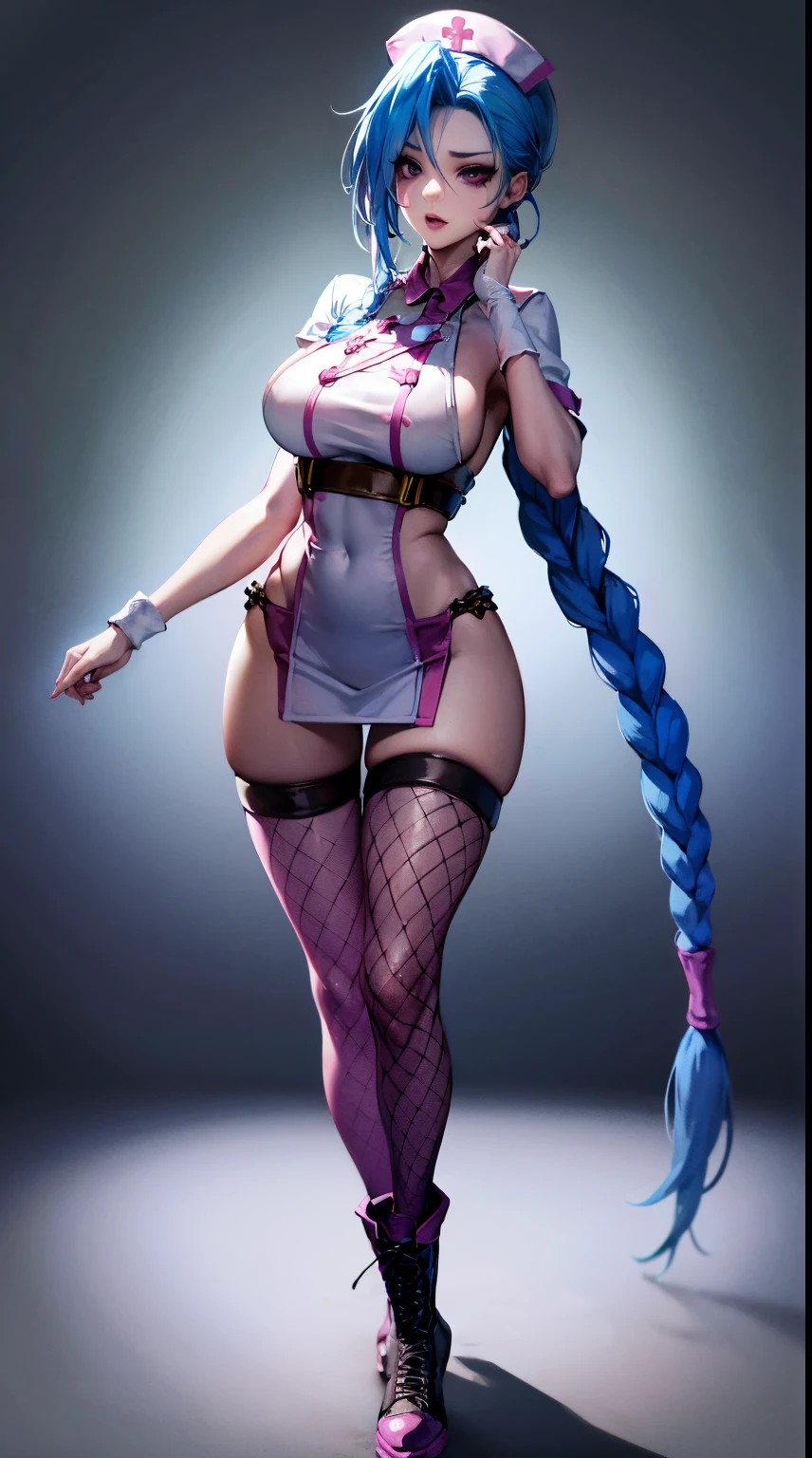 Jinx nurse,nurse hat,White nurse costume,Rose tattoo,big laughter,Blue twist braid,With a huge needle,The needle stands taller than a person。Runaway Lori,League of Legends ,de cuerpo completo,(kneehigh boots)),purpleish color,(fishnet leggings),(standing on your feet),The background is dark and tough,There is a sense of danger and intensity。
