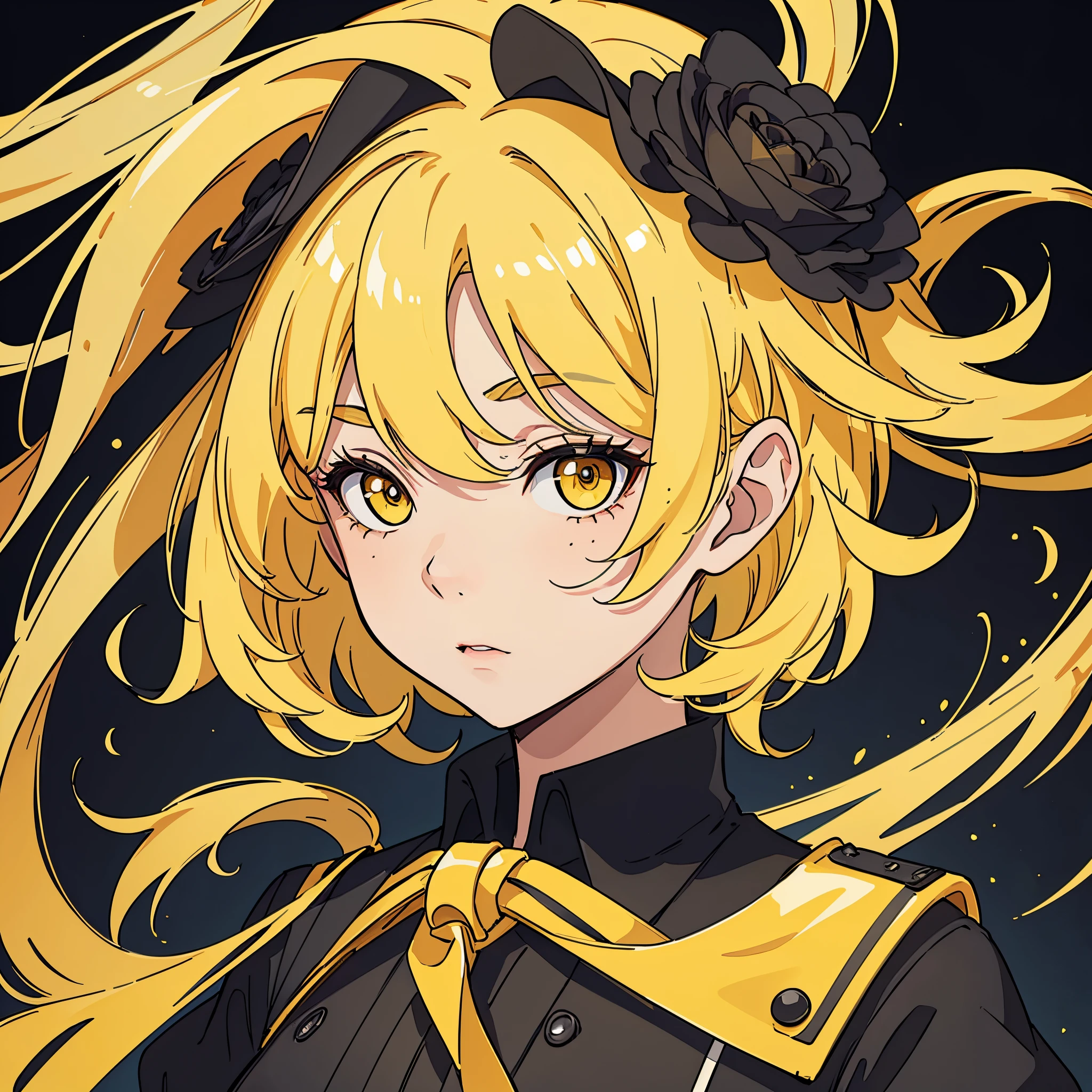 Perfect proportion, masterpiece, high quality, high details, (yellow hair), (1woman), ((medium hair)),black school uniform. all black background. Close up to face. Face datails.[[[PERFECT EYES]]]