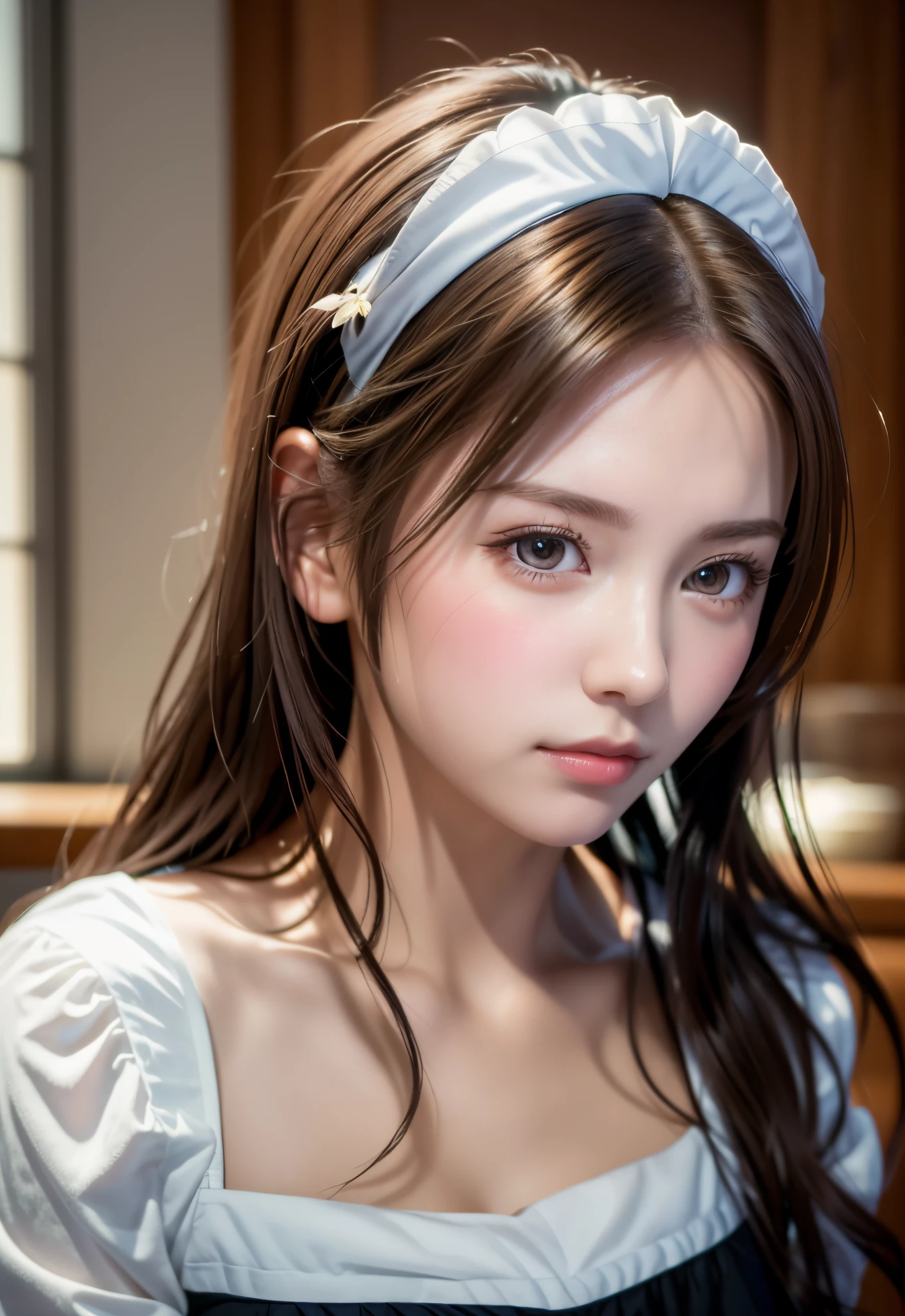 8K, of the highest quality, masutepiece:1.2), (Realistic, Photorealsitic:1.37), of the highest quality, masutepiece, Beautiful young woman, Pensive expression, Gentle eyes, Cute Maid Clothes, Hair tied back, feeling radiant, Cinematic background,, Light skin tone